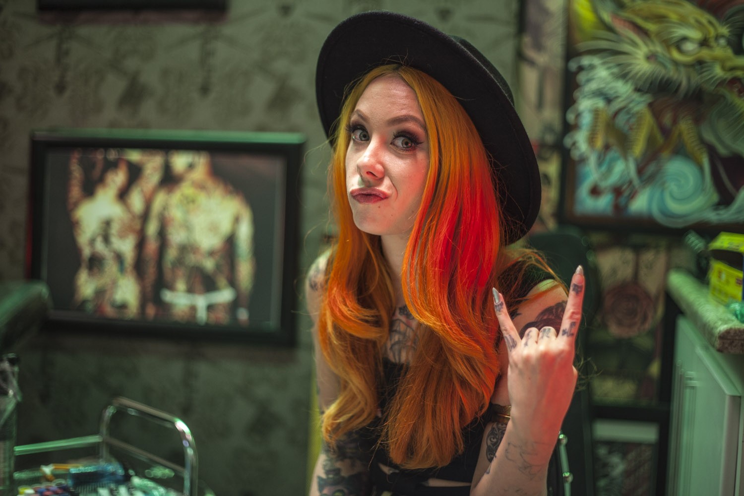 Tattoo Redhead Long Nails Metal Horns Hand Gesture Black Hat Women With Hats Alternative Subculture  1500x1000