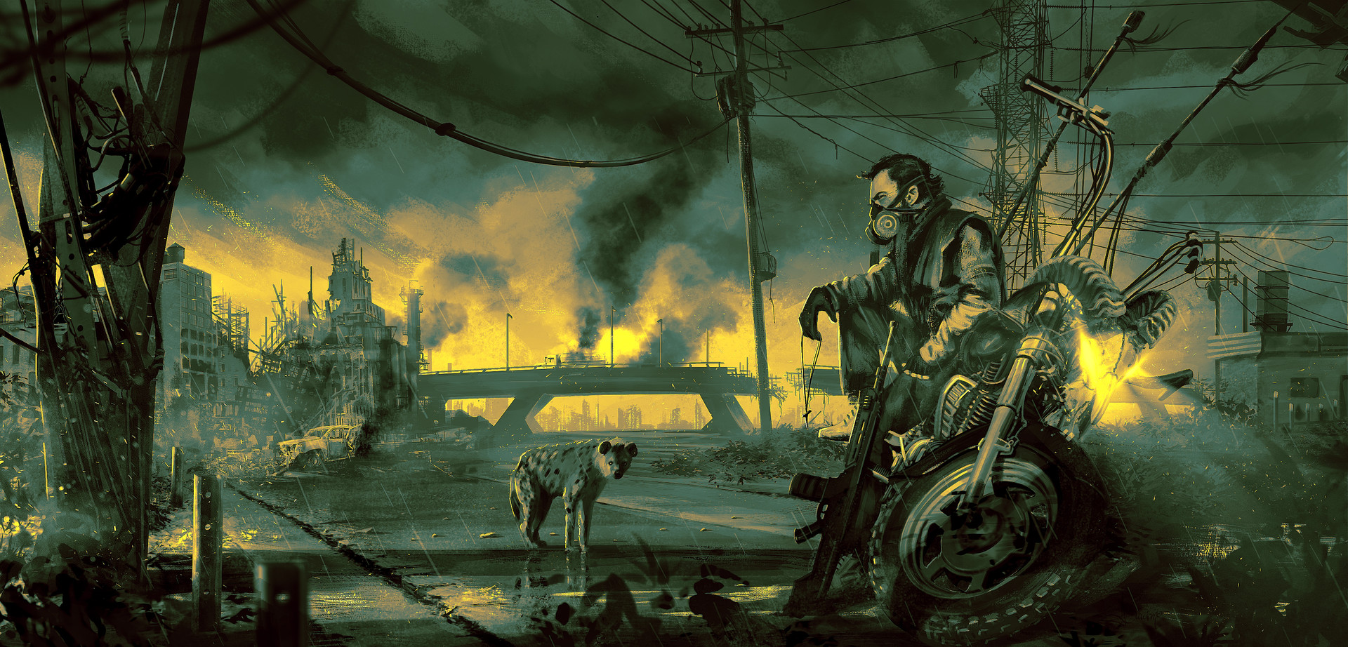 Apocalyptic War Futuristic Men Motorcycle Weapon Hyenas City Fan Art Digital Art Desolate Illustrati 1920x922