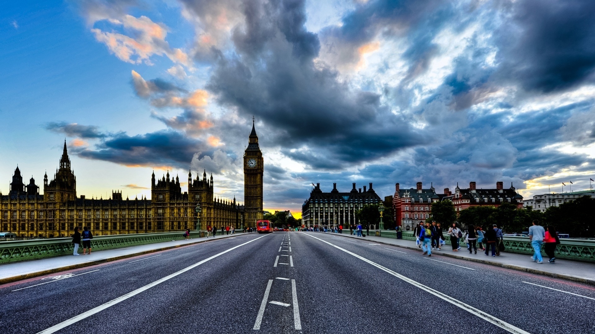 London UK Road Bridge Big Ben Cityscape Clouds Sky Westminster 1920x1080