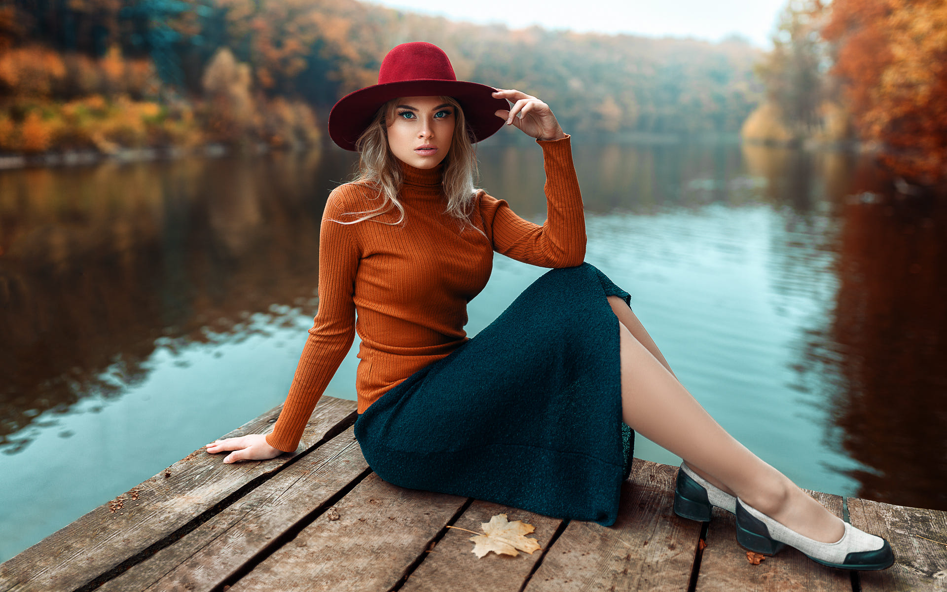 Women Blonde Maks Kuzin Hat Orange Shirts Skirt Pier Sitting Looking At Viewer Portrait Blue