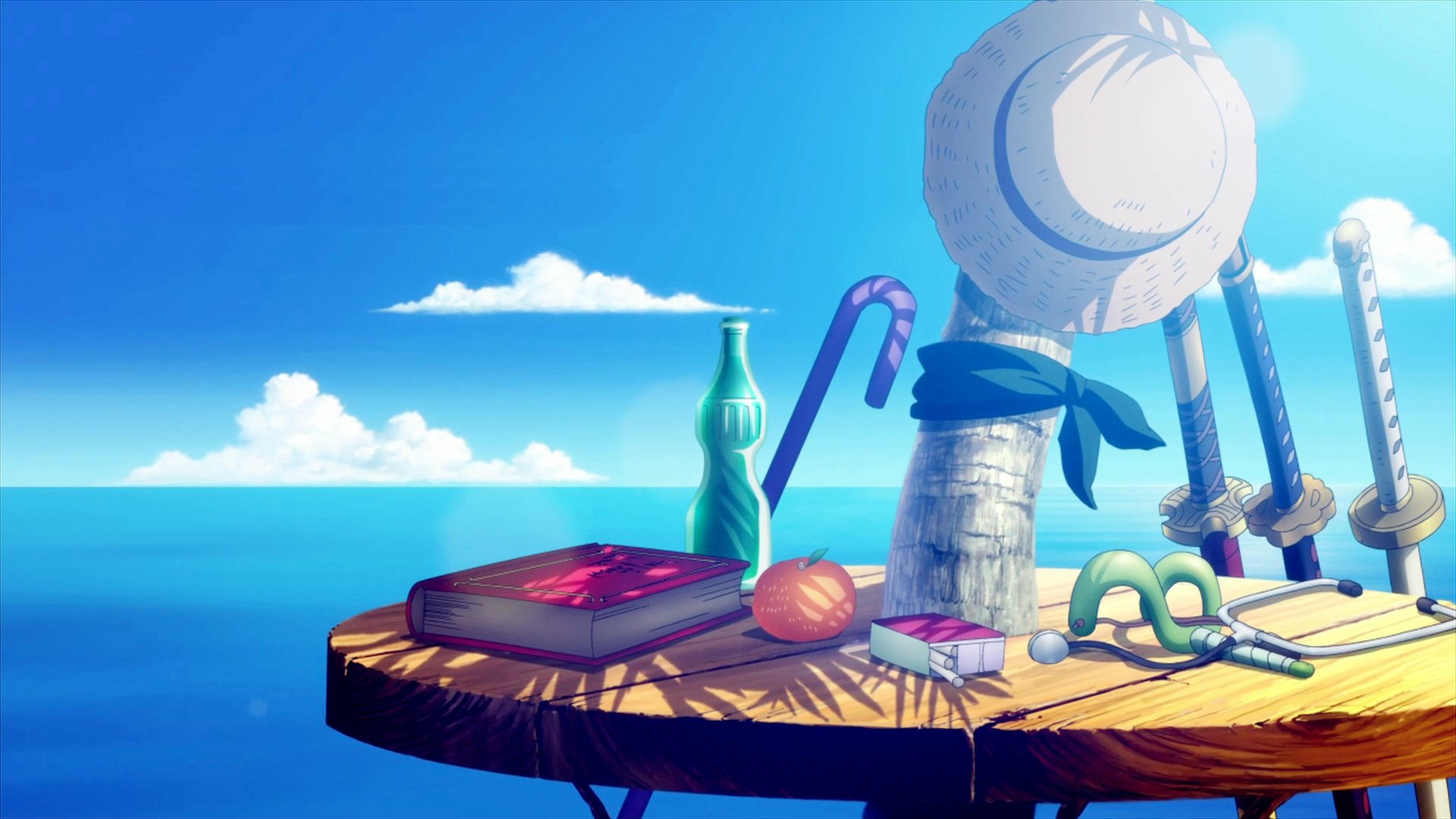 One Piece Strawhat Pirates Anime Sky Sea Books Hat Bottles 1920x1080