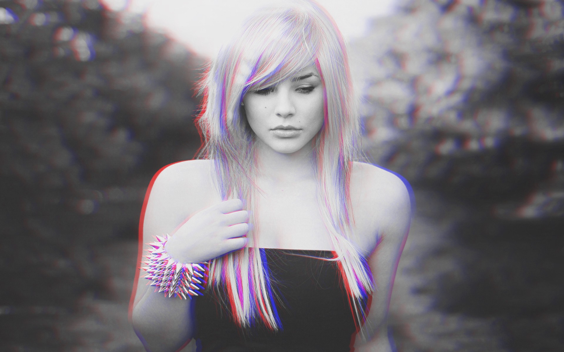 Anaglyph 3D Women Women Outdoors Blonde Bare Shoulders 1920x1200