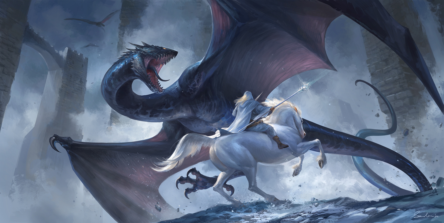 Sandara Drawing Dragon Fantasy Art Fighting Horse Animals Magician Men Staff Gallop Teeth Tongue Out 1800x903