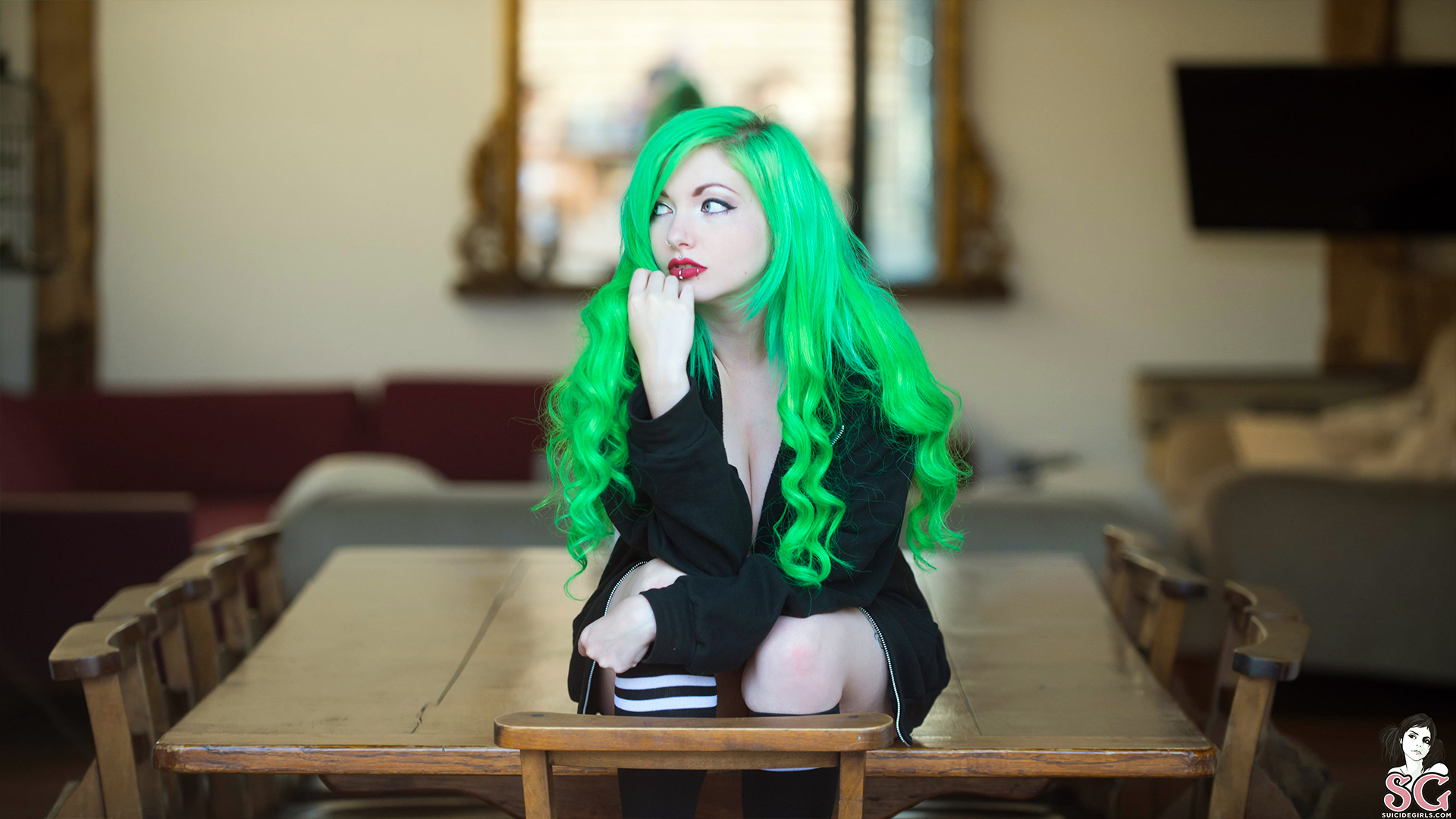 Dyed Hair Curly Hair Table Green Hair Pierced Lips Long Hair Sitting Looking Away 1920x1080