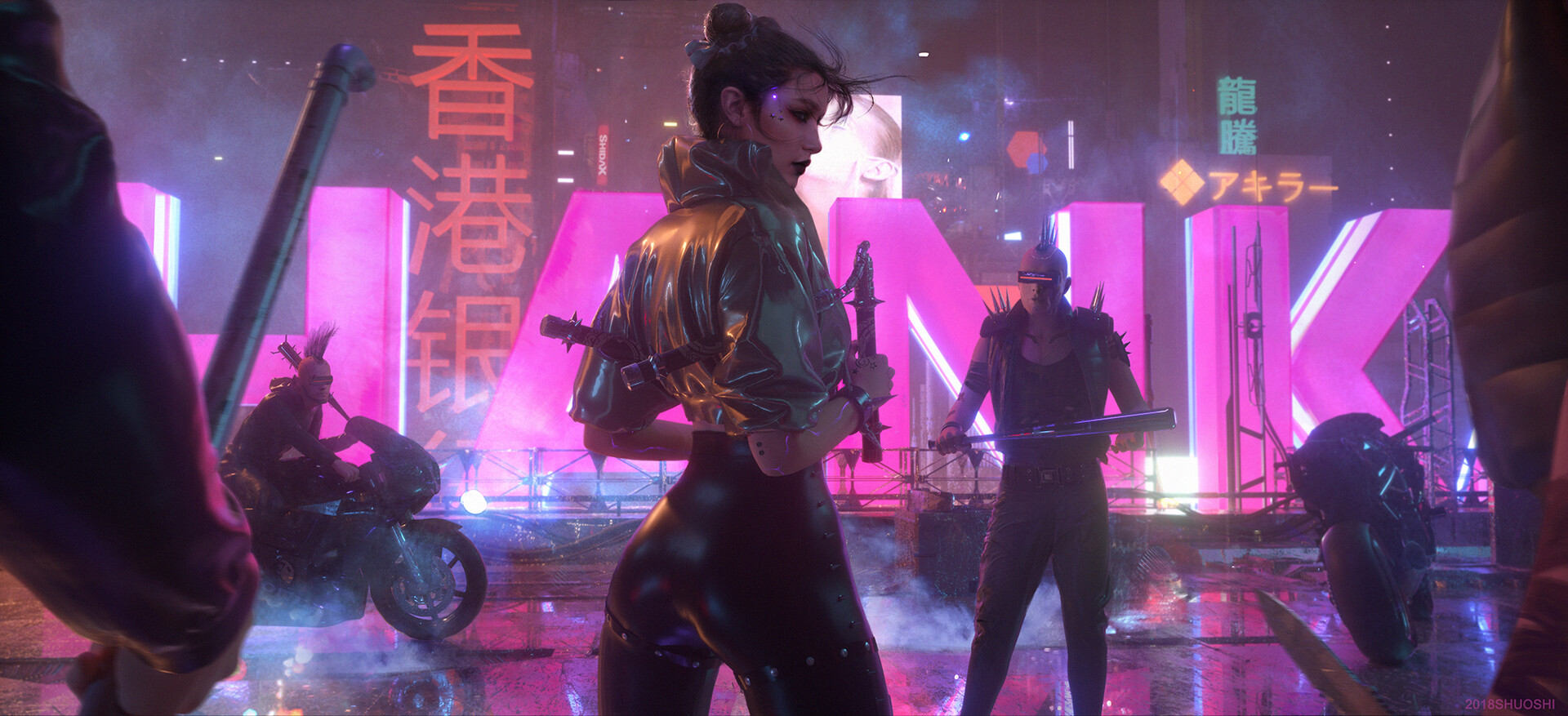 Cyberpunk Bikes Women Asian Futuristic Science Fiction Pink Shuo Shi 1920x877