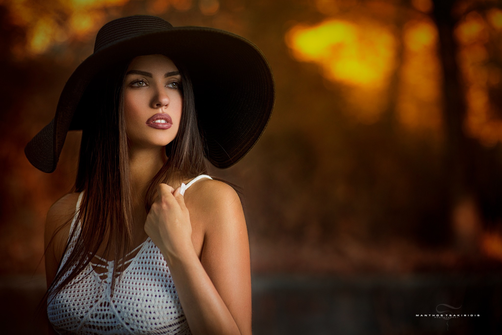 Women Model Brunette Green Eyes Hat White Tops Portrait Manthos Tsakiridis Women Hat Model Hat Face  2048x1367