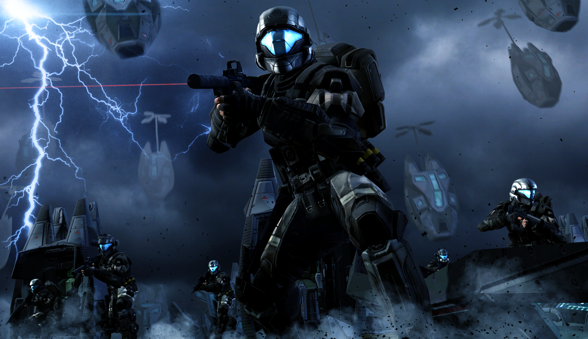 Video Games Futuristic Armor Halo Halo 3 ODST ODST Submachine Gun Lightning Soldier Night Video Game 2439x1408