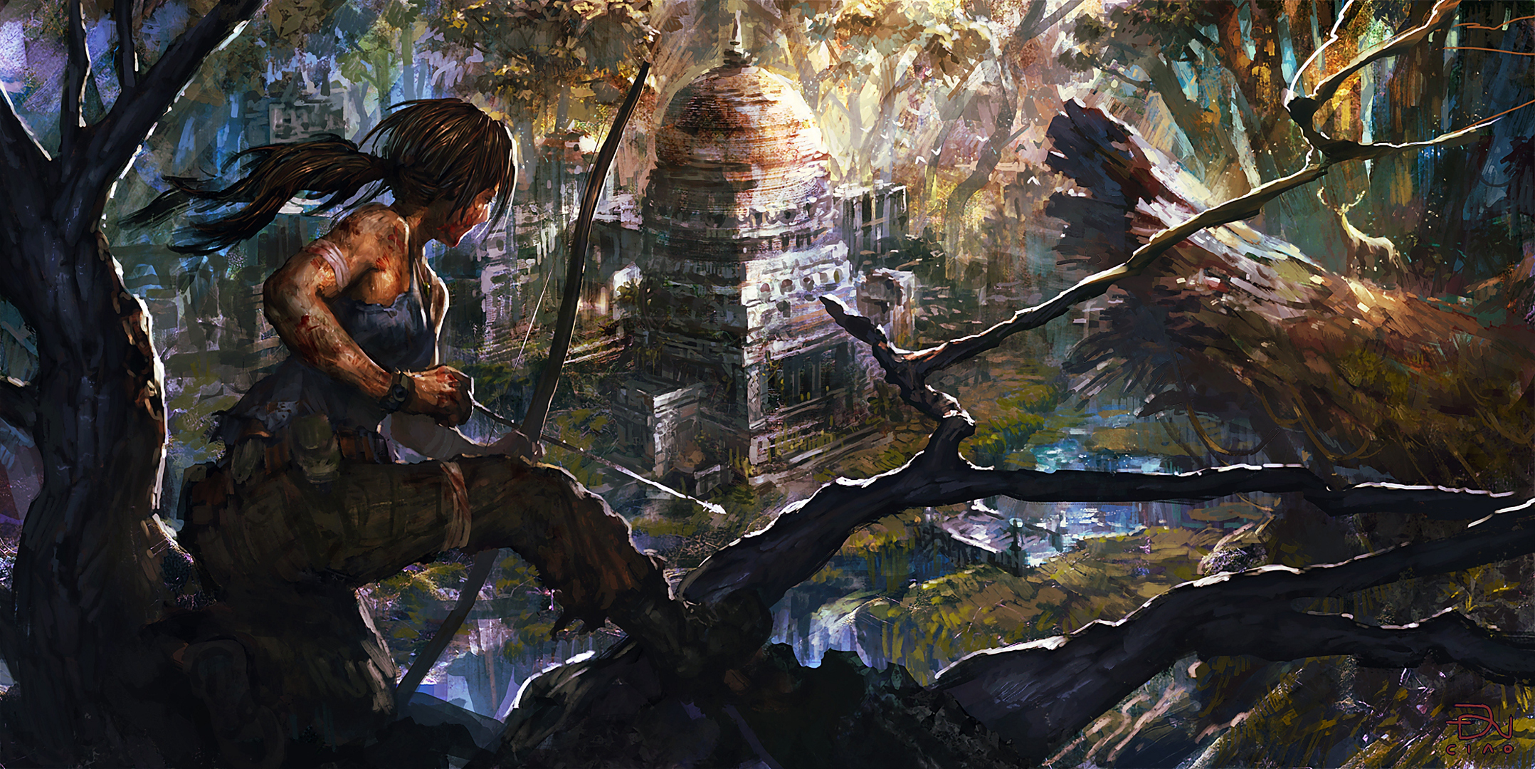 Lara Croft Tomb Raider Woman Warrior Bow Temple 2157x1080