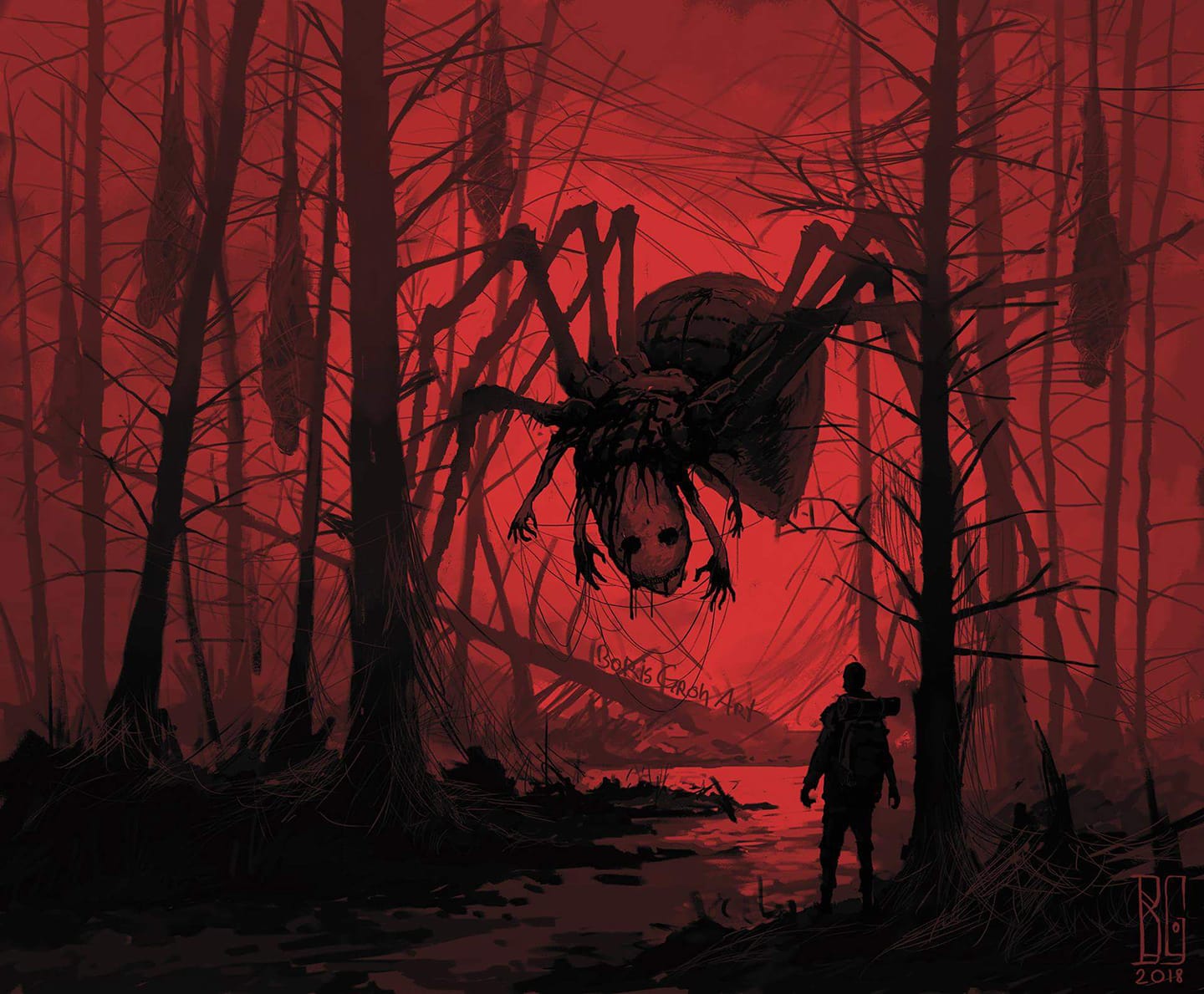 Creepy Spider Horror Forest Dark Boris Groh Red Digital Art 1440x1189