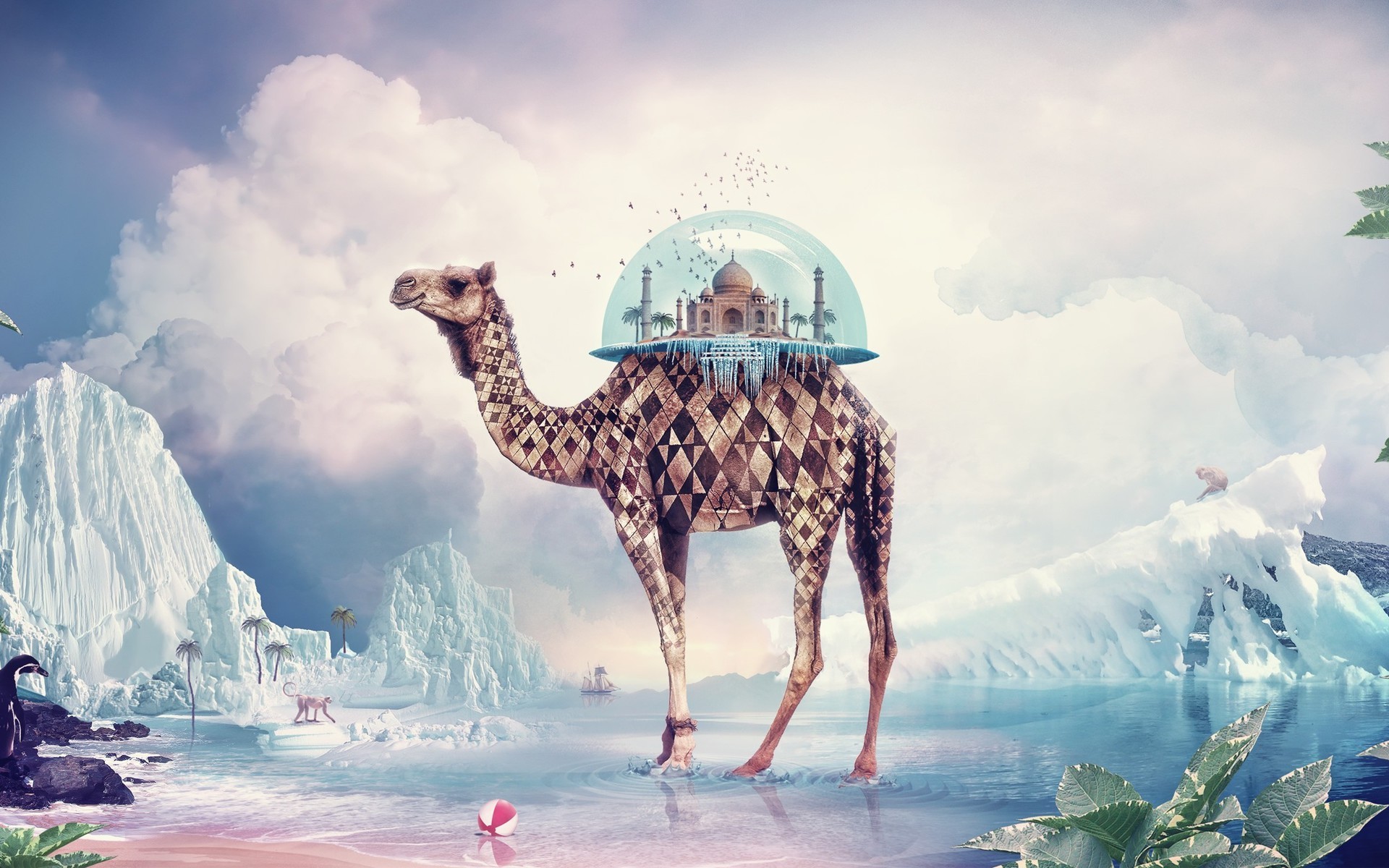 Animals Digital Art Camels Artwork Surreal Taj Mahal Birds Sphere Iceberg Clouds Leaves Palm Trees S 1920x1200