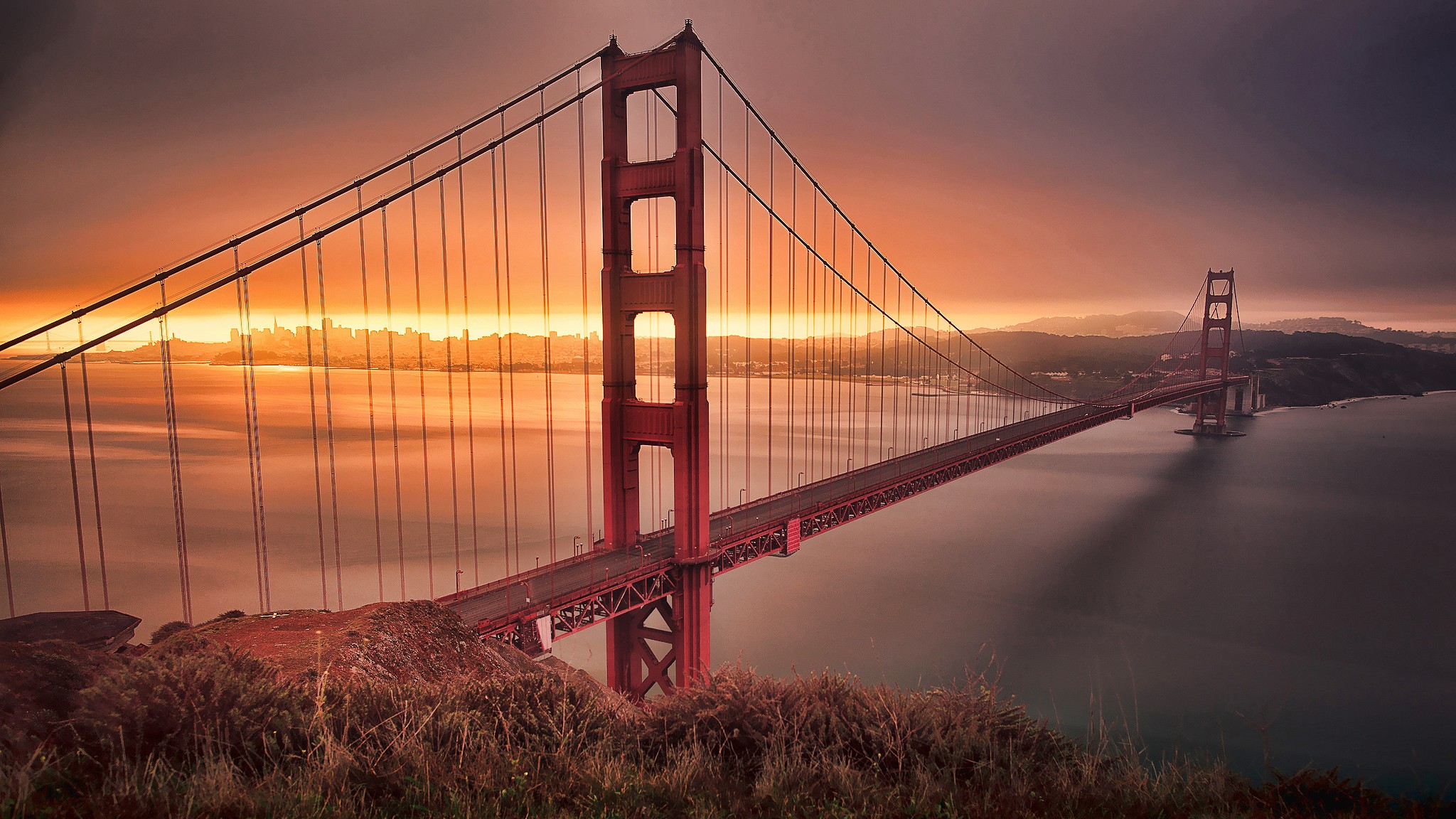 Golden Gate Bridge San Francisco Bridge Suspension Bridge Sunrise 2048x1152