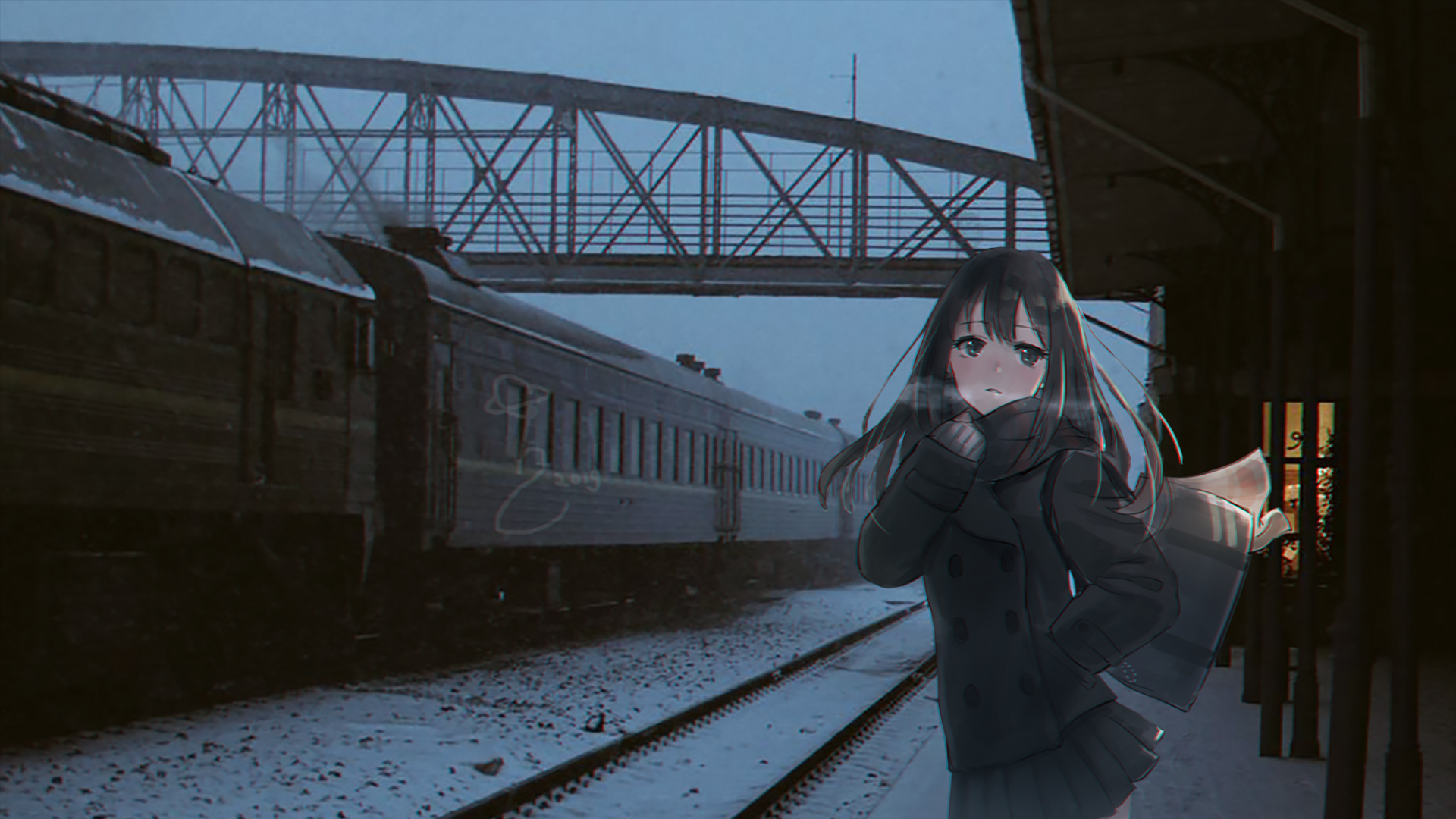 Anime Anime Girls Waiting Train Train Station Cold Winter 1920x1080