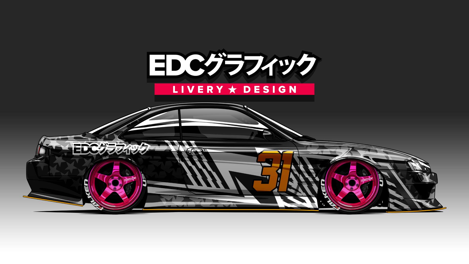 EDC Graphics Nissan 200SX Render JDM Nissan Japanese Cars Race Cars Side View Colored Wheels 1920x1080