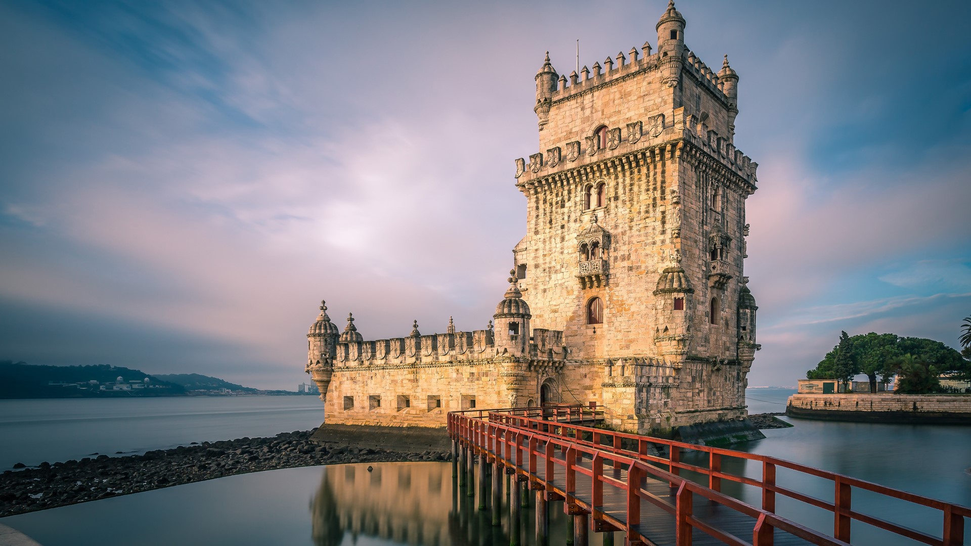 Nature Landscape Trees River Mountains Clouds Sky Reflection Rocks Water Architecture Torre De Belem 1920x1080