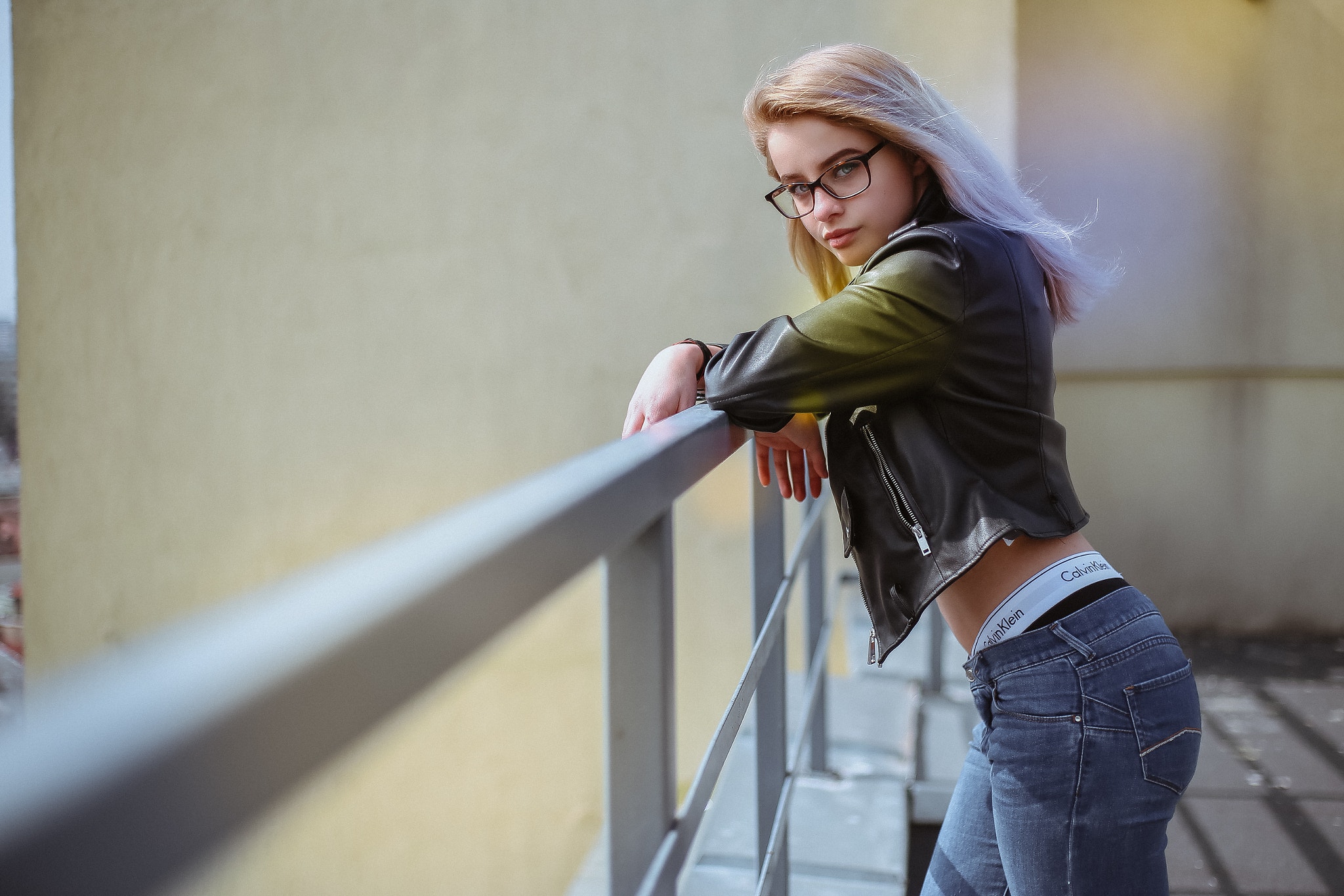 Women Blonde Face Leather Jackets Glasses Balcony Jeans Side View Depth Of Field Calvin Klein Women  2048x1366