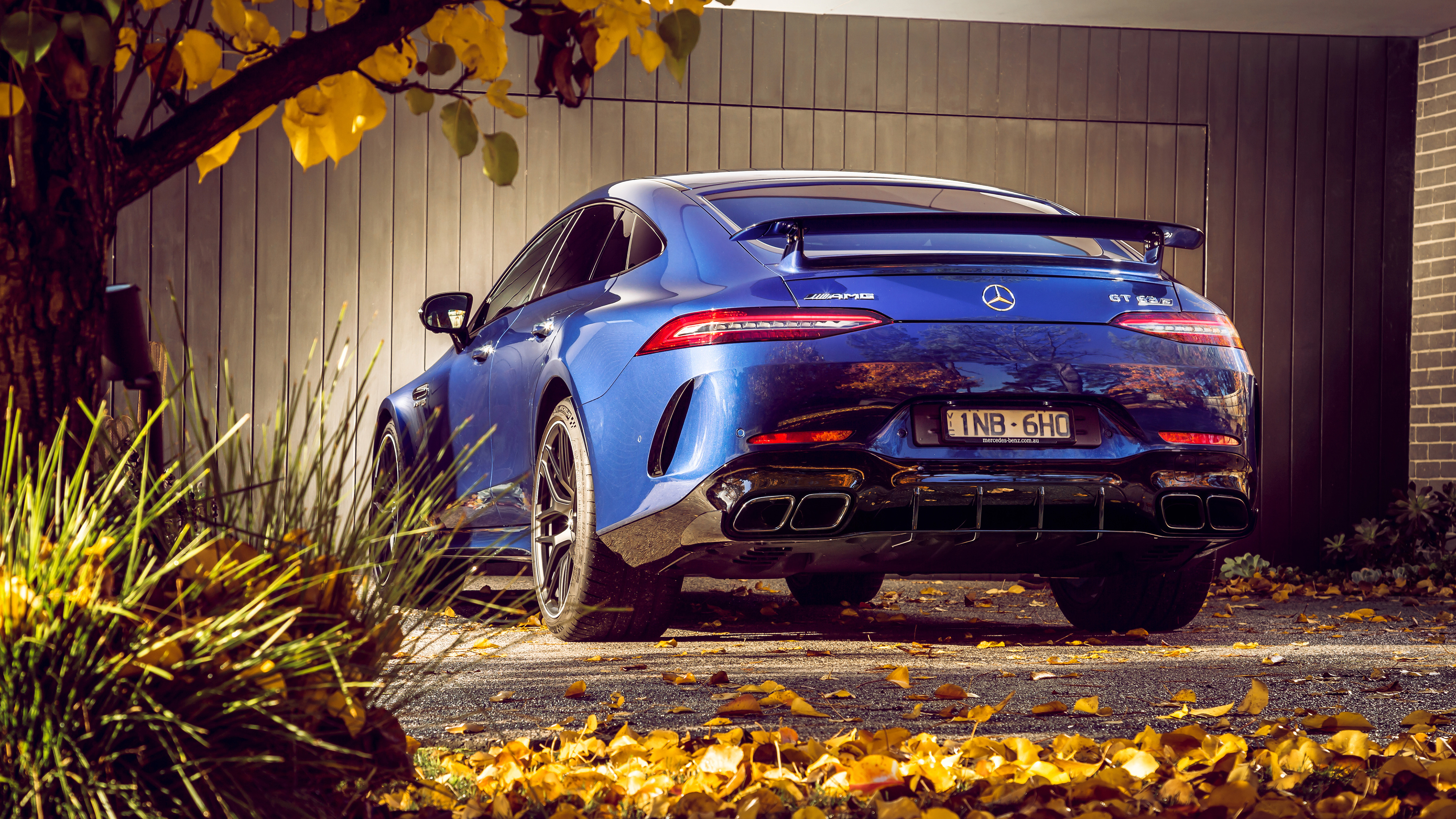 Car Mercedes Benz Mercedes AMG Mercedes Amg Gt 63s Leaves Fall Rear View Blue Cars 4000x2250