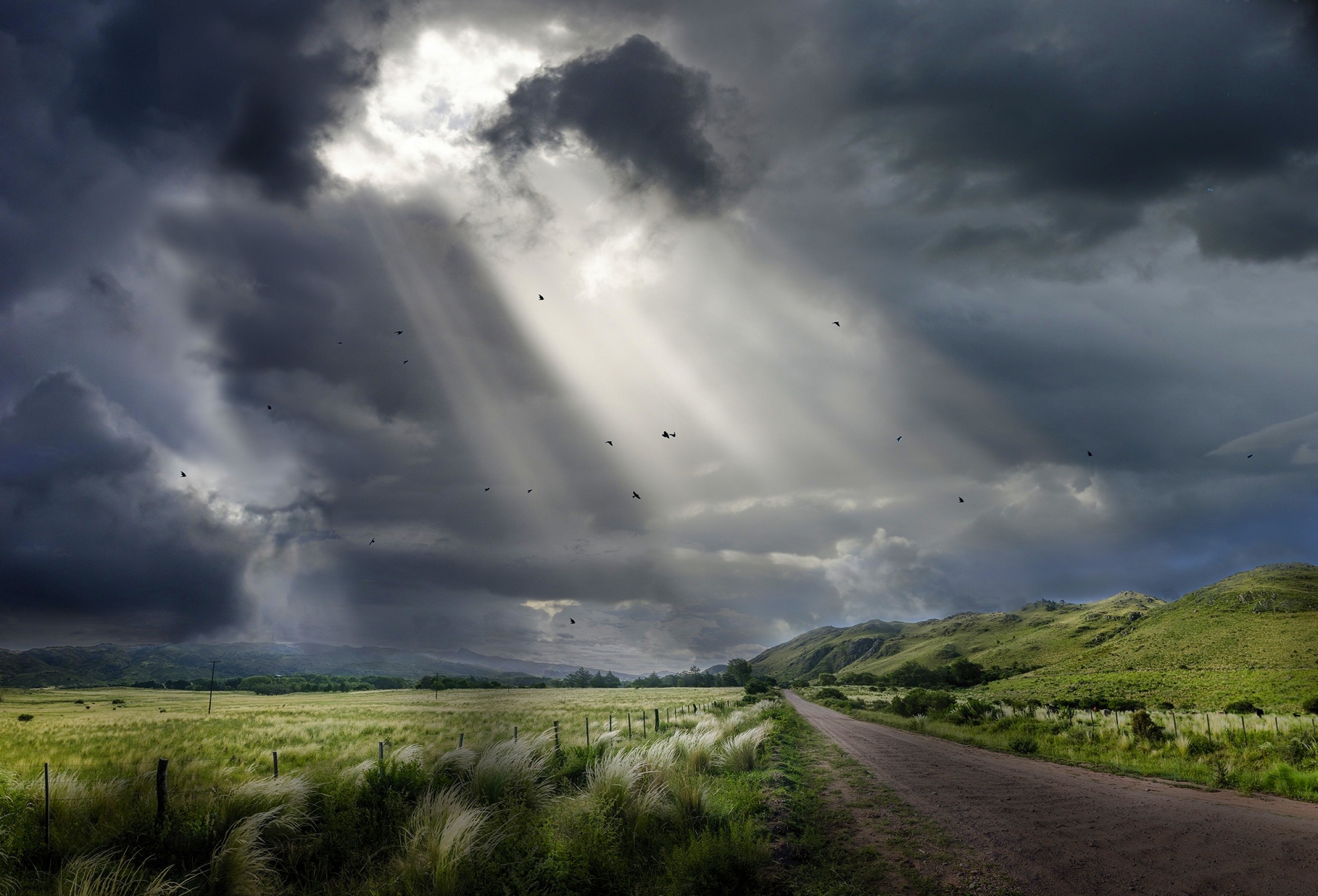Nature Landscape Sunbeams Dirt Road Clouds Field Hills Sky Birds Flying Fence Grass Sun Rays 2500x1700