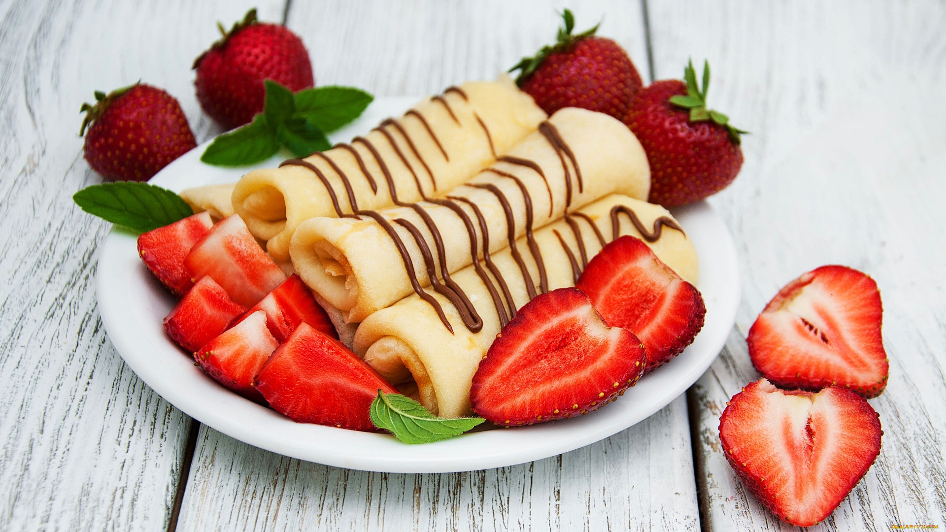 Food Fruit Strawberries Sweets Crepes Mint Leaves Wooden Surface 1920x1080