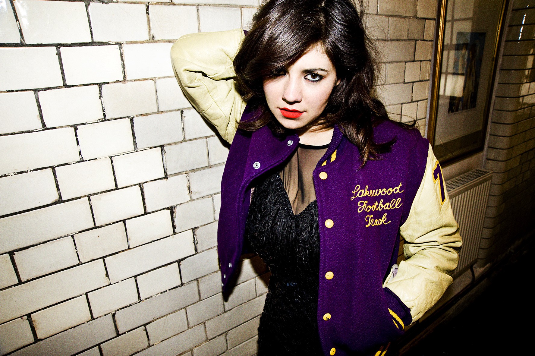 Marina And The Diamonds Women Letterman Jacket Red Lipstick Dark Hair Black Dress Dress 1775x1181