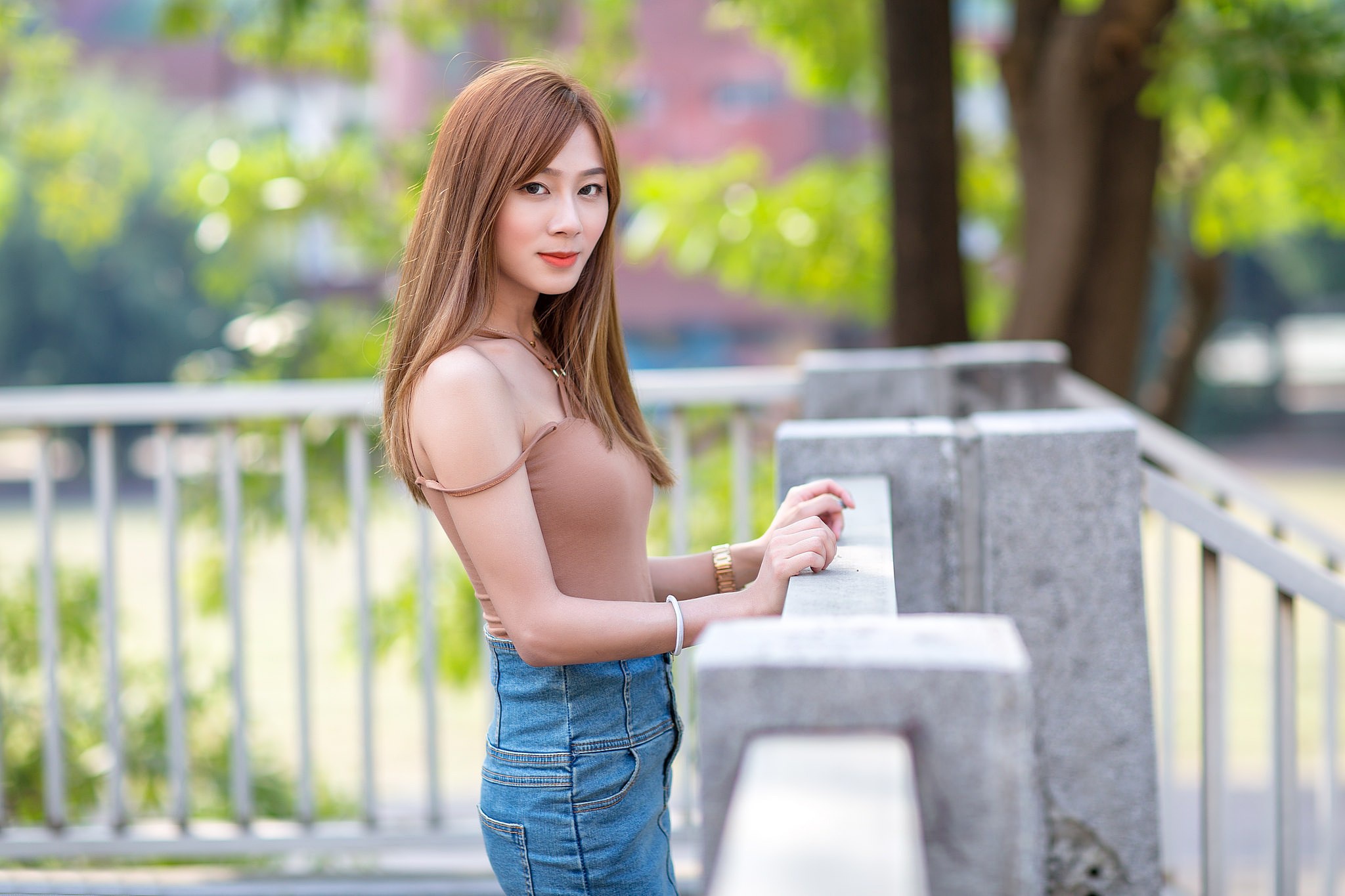 Asian Women Women Outdoors Urban Long Hair Brunette Brown Tops Jeans High Waisted Smiling Chinese 2048x1365