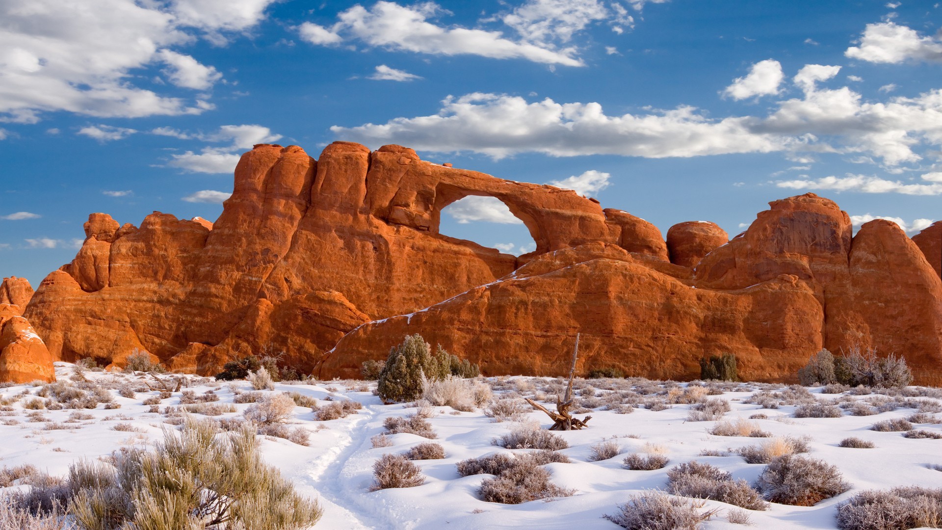 Rock Arches National Park Utah Rock Formation Winter Snow 1920x1080