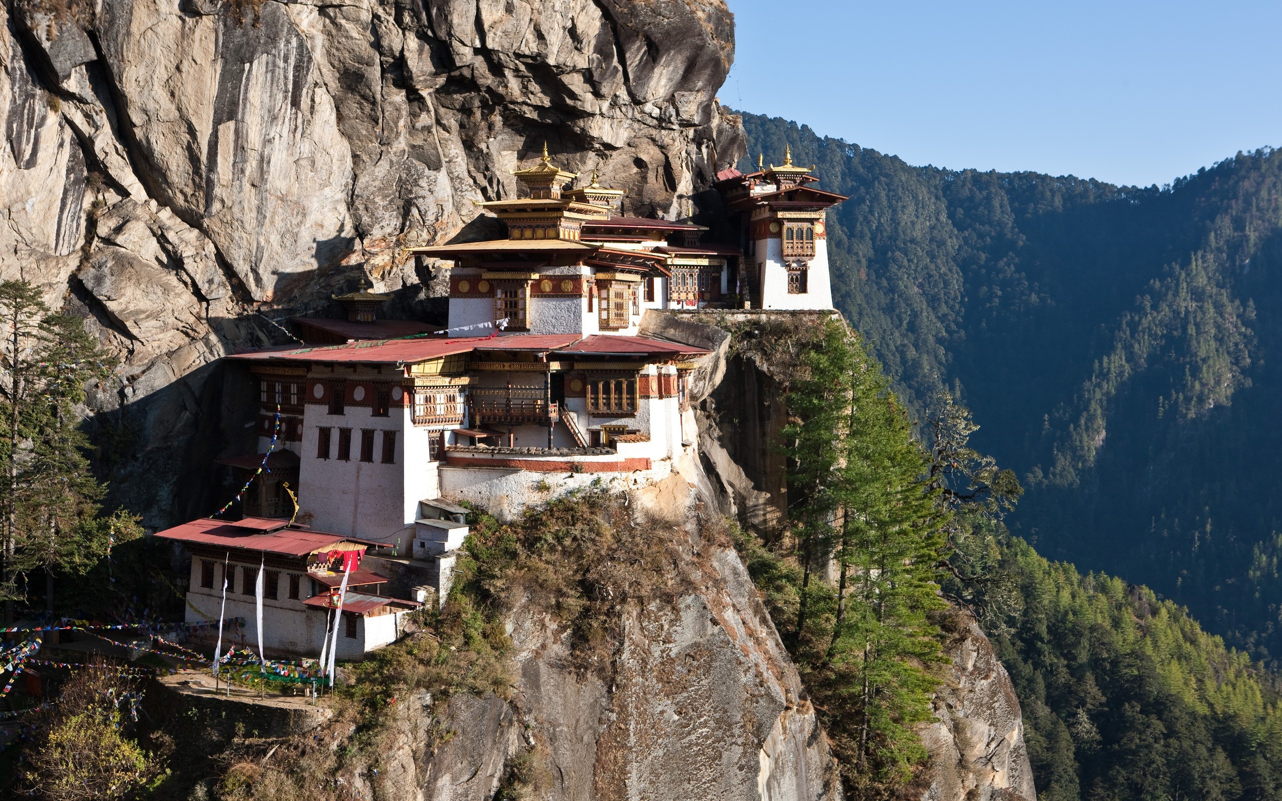 Mountains Bhutan Cliff House Himalayas Buddhism Temple Nature Trees Forest Rock 2560x1600