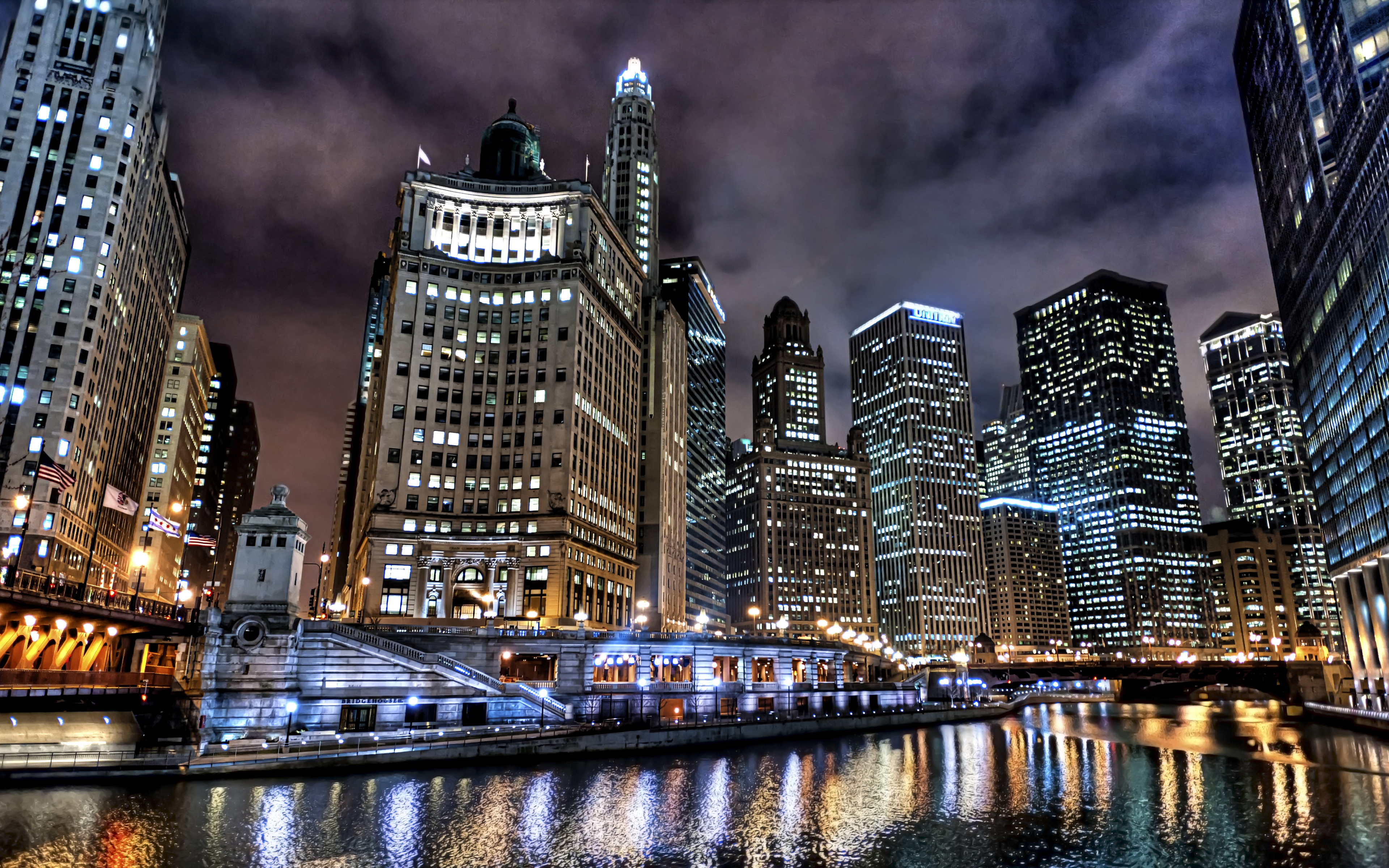 Town Night View Chicago USA Low Angle Cityscape 3840x2400