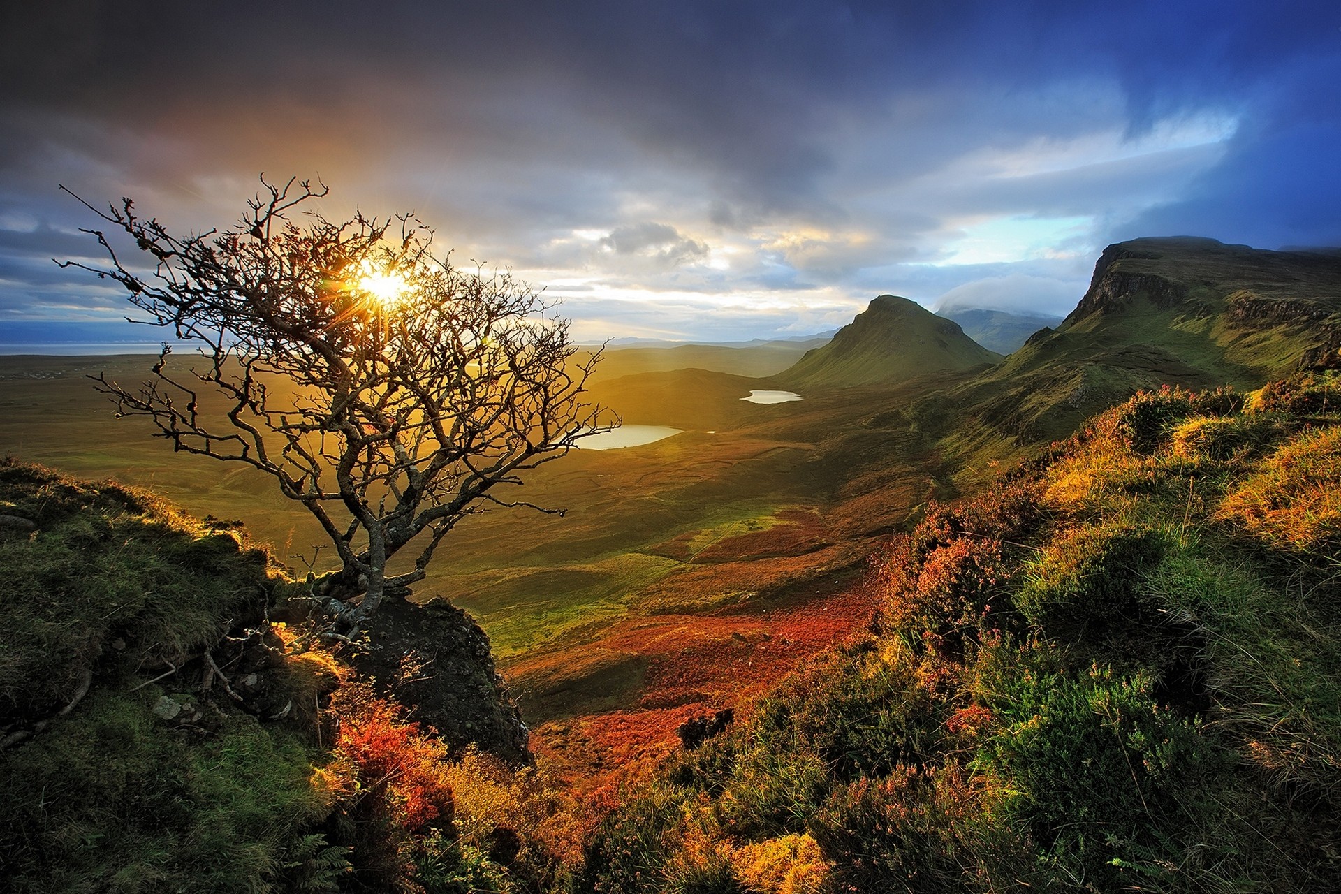 Nature Landscape Skye Scotland Dead Trees Shrubs Valley Mountains Lake Sky Clouds Sunlight 1920x1280