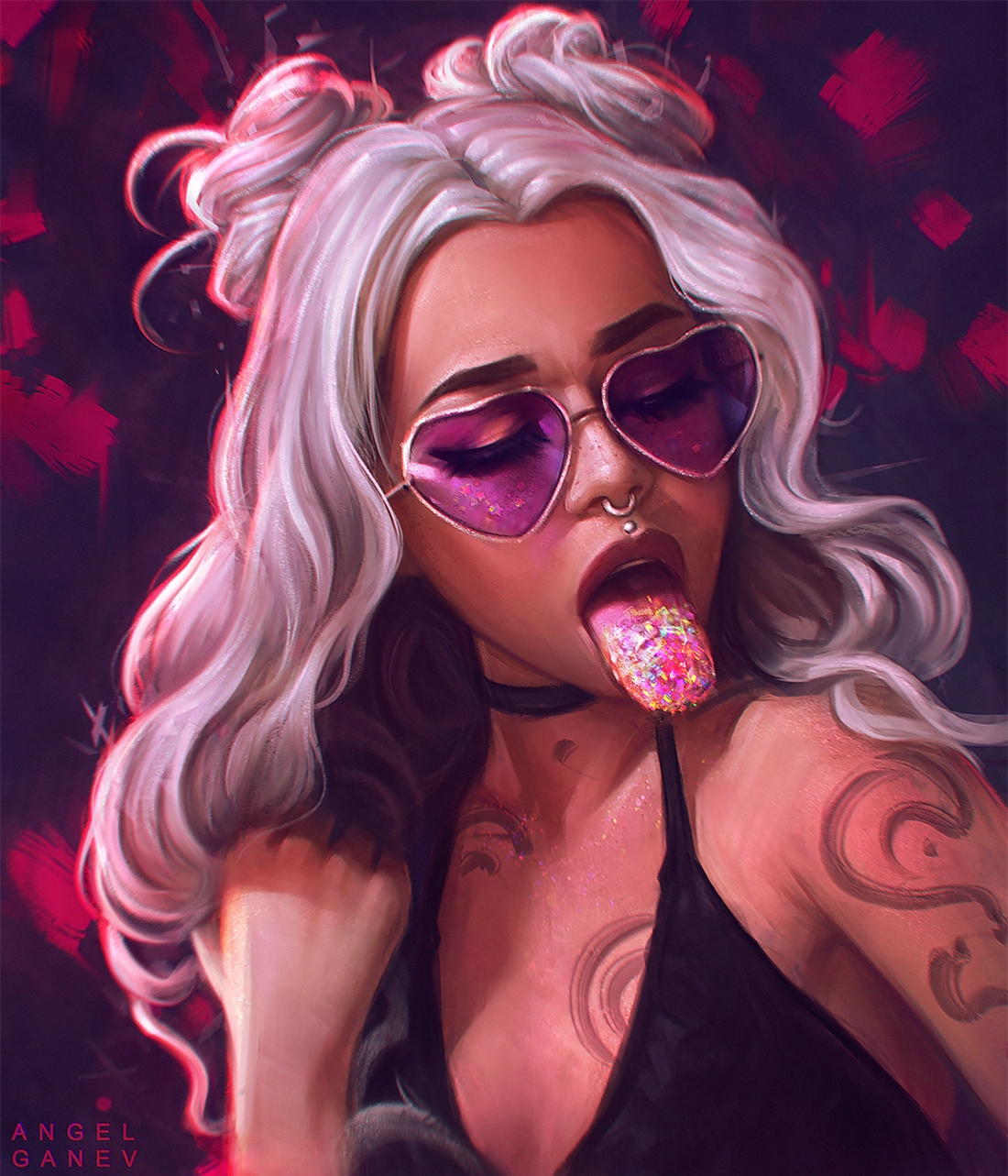 Women White Hair Long Hair Pierced Septum Open Mouth Tongues Tongue Out Necklace Bare Shoulders Blac 1100x1283