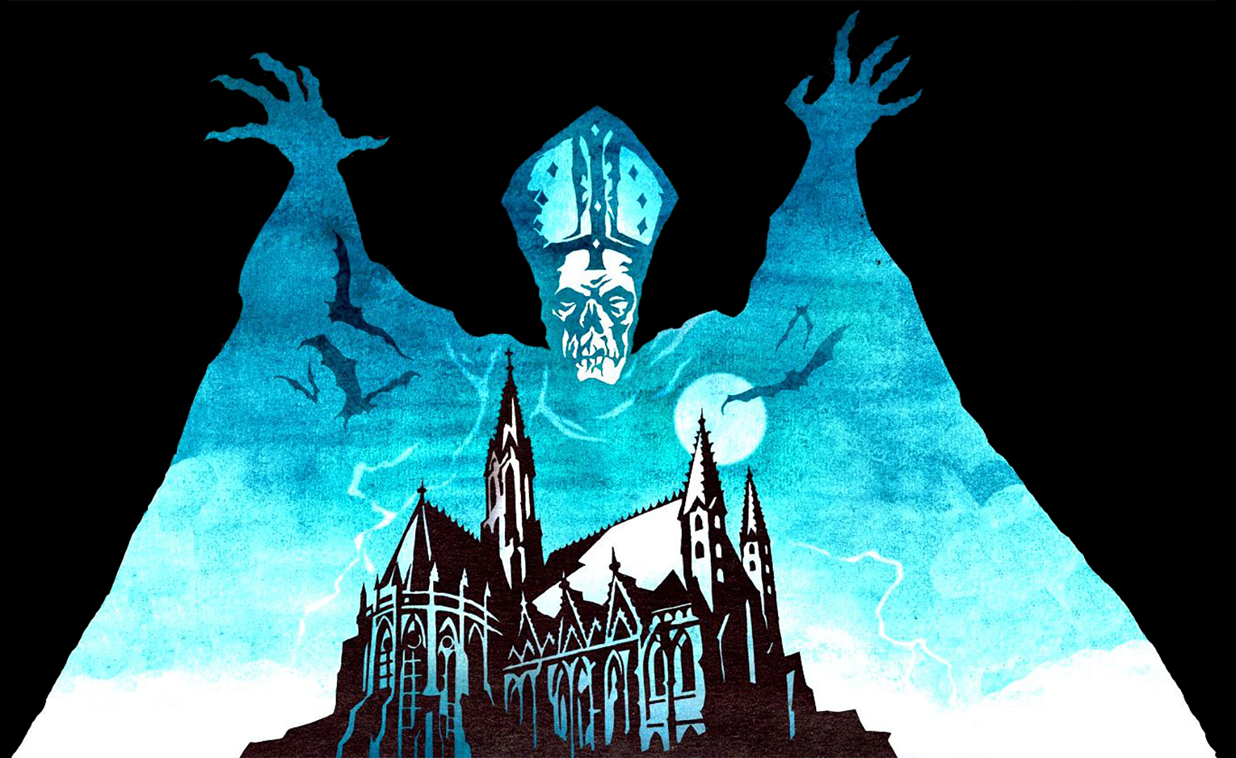 Ghost Ghost B C Ghost B C Cathedral Cyan Skull Hat Arms Up Bats 1760x1080