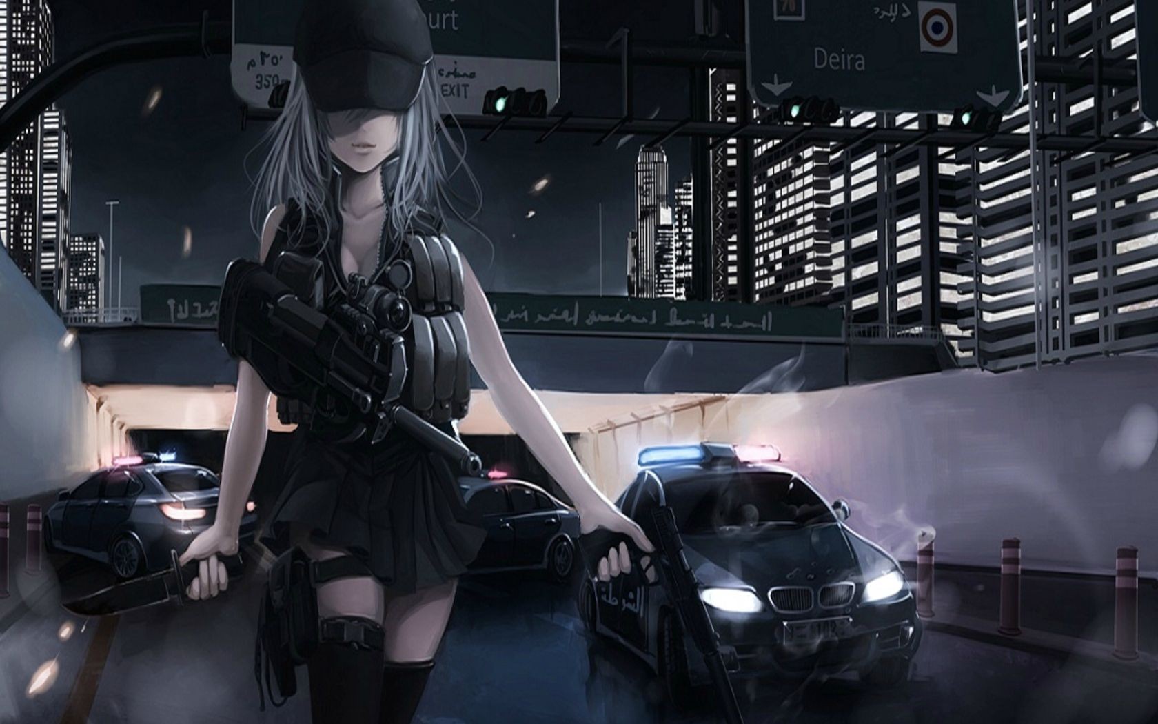 Anime Anime Girls Highway FN P90 Police 1680x1050