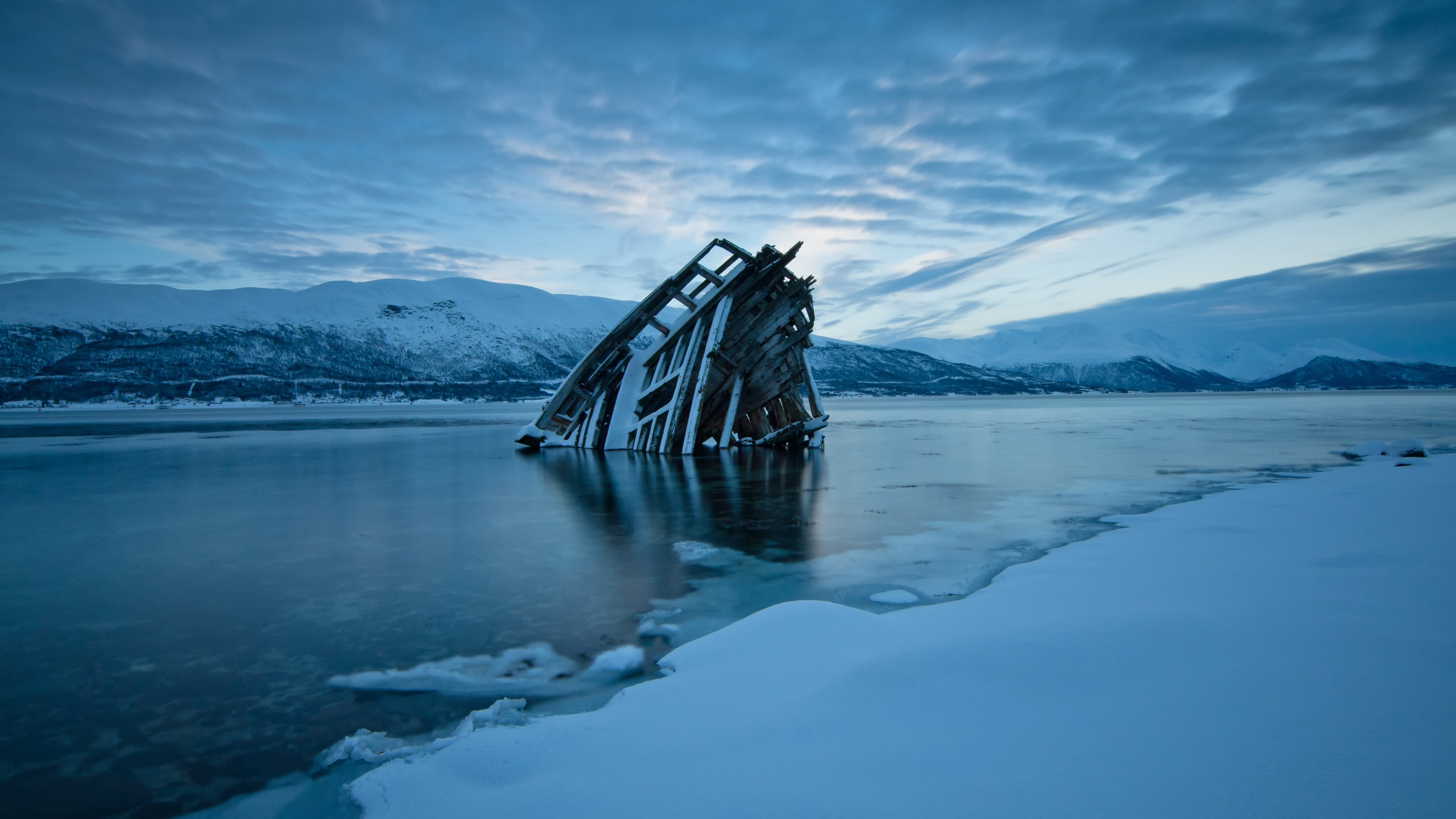 Nature Landscape Clouds Shipwreck Winter Mountains Snow Water Frozen River Frost Ice Norway Evening  3840x2160