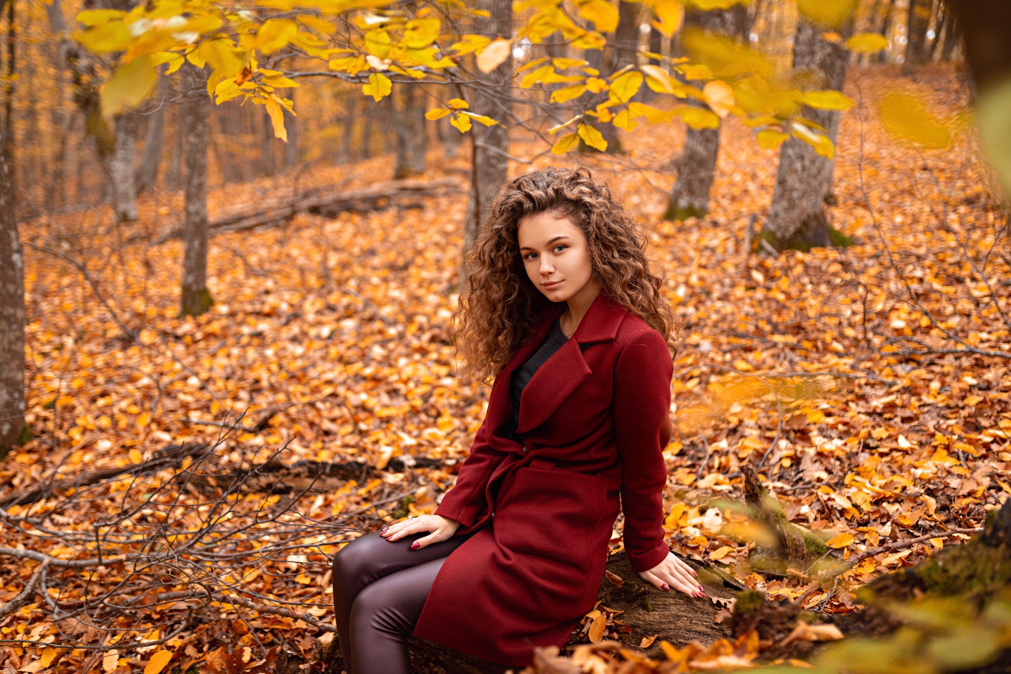 Alina Zaslavskaya Women Model Brunette Long Hair Looking At Viewer Smiling Sitting Coats Red Coat Le 2048x1365