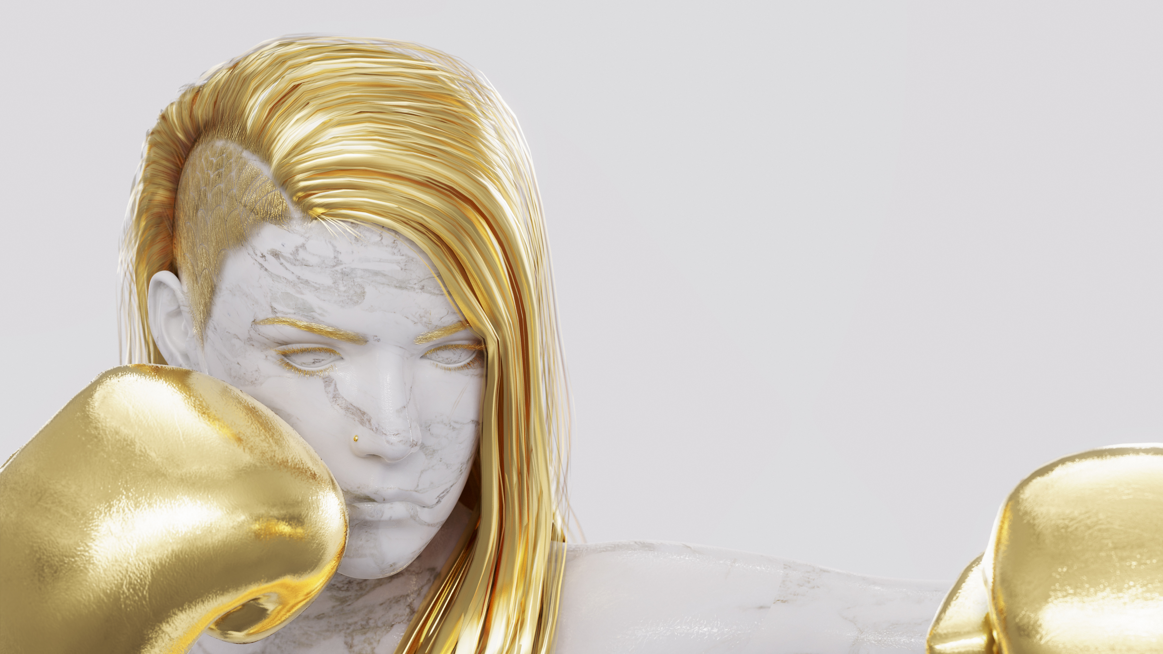 Marble Gold Boxing Left Hook Golden Hair Guard CGi Digital Art 3D Graphics Minimalism White Backgrou 3840x2160