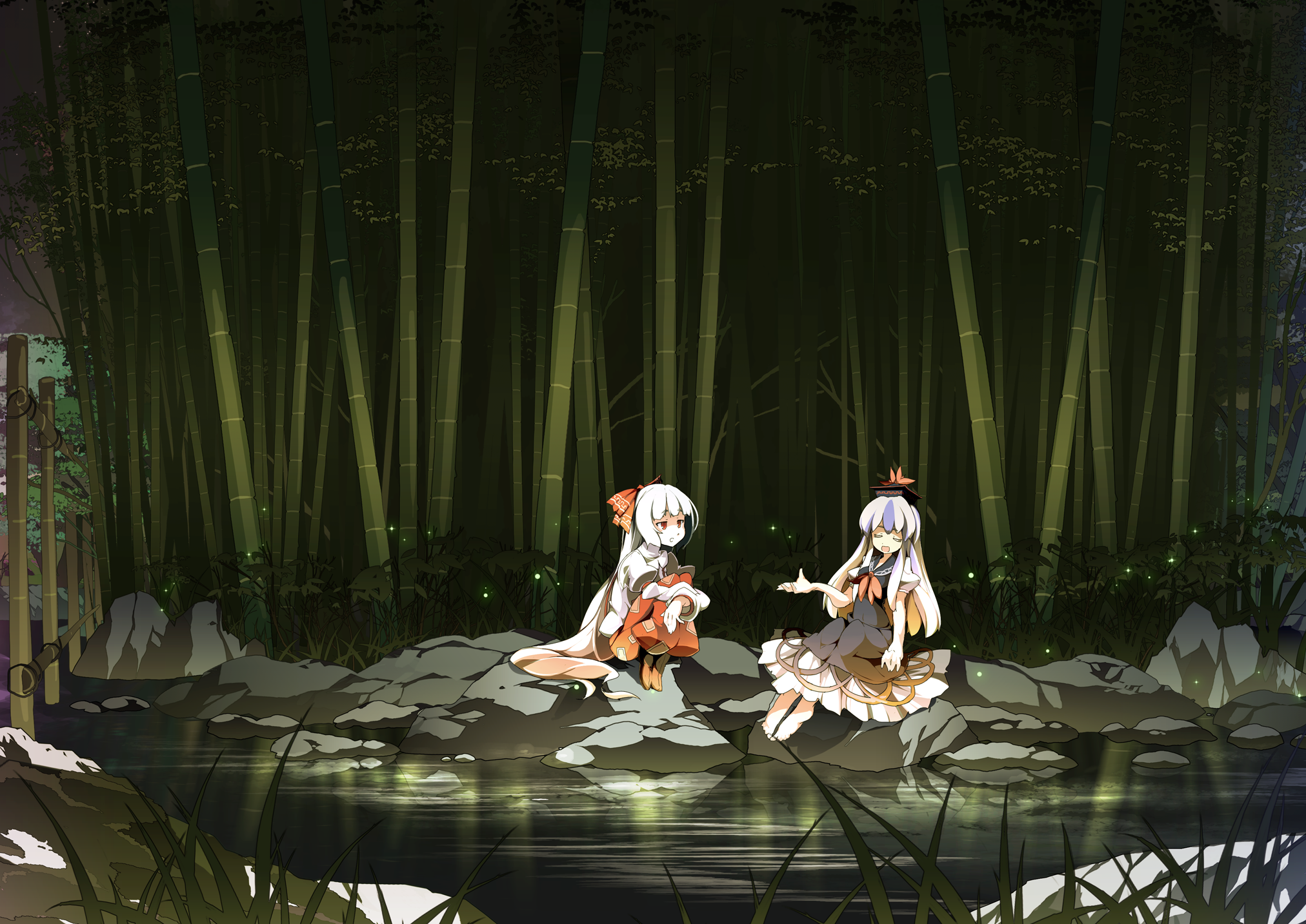 Asakura Masatoki Touhou Anime Girls Kamishirasawa Keine Fujiwara No Mokou Nature Trees Sitting Bambo 2024x1433