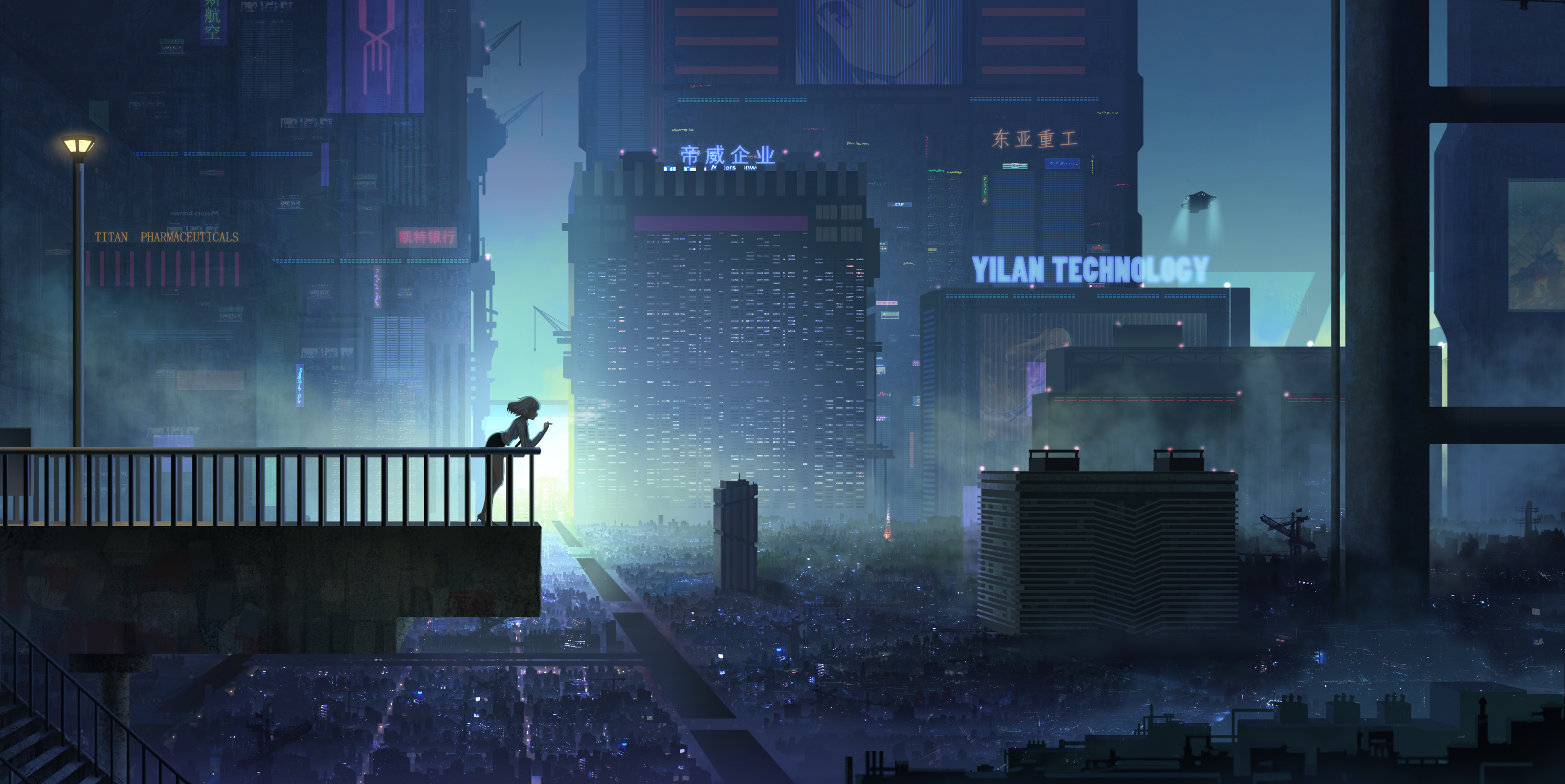 Cyberpunk Smoking City Fence Stairs City Lights Anime Billboards Futuristic Futuristic City 3200x1604