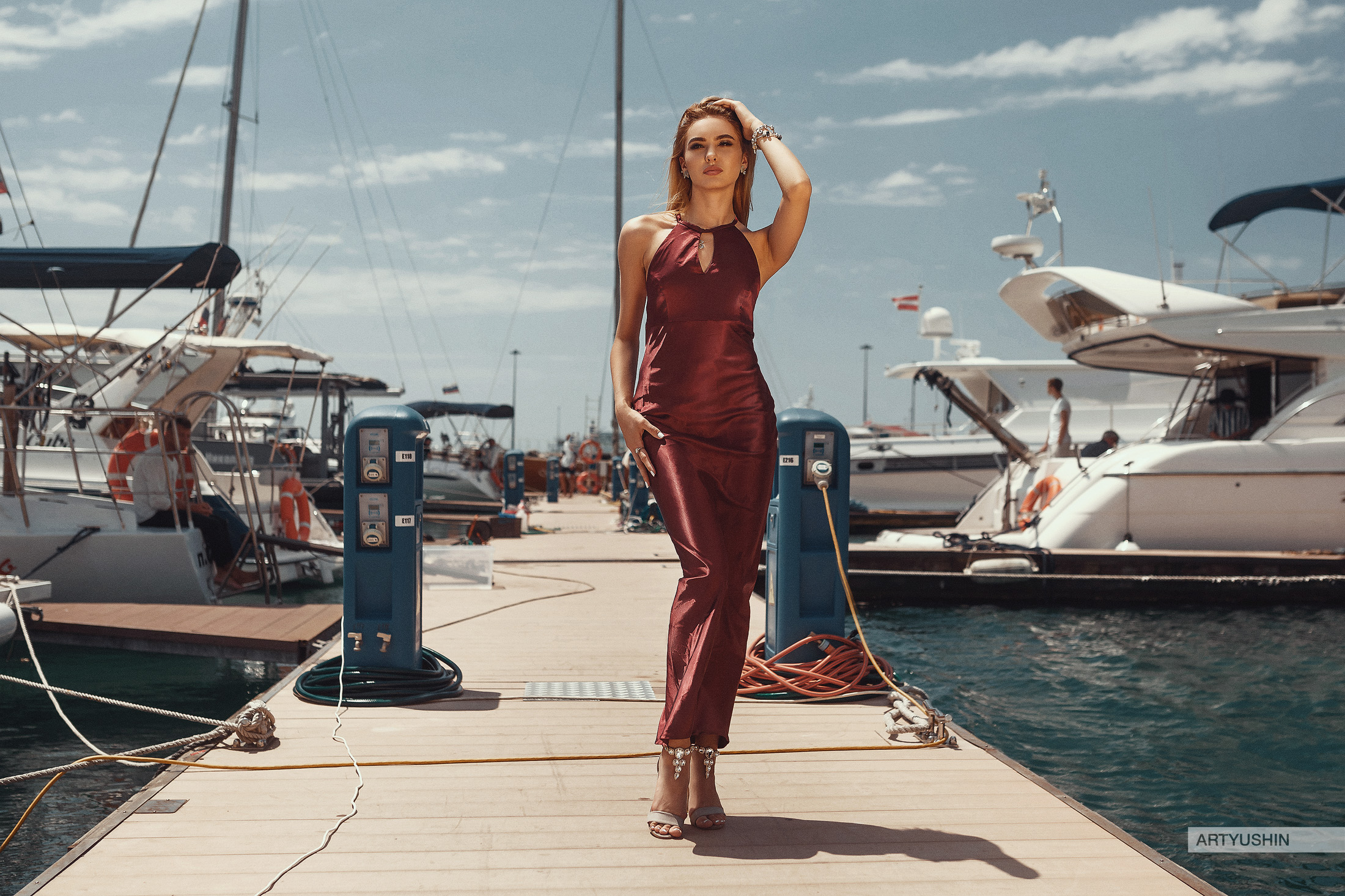 Anton Artyushin Women Model Brunette Looking At Viewer Dress Dock Yachts Water Sky Women Outdoors 2200x1466