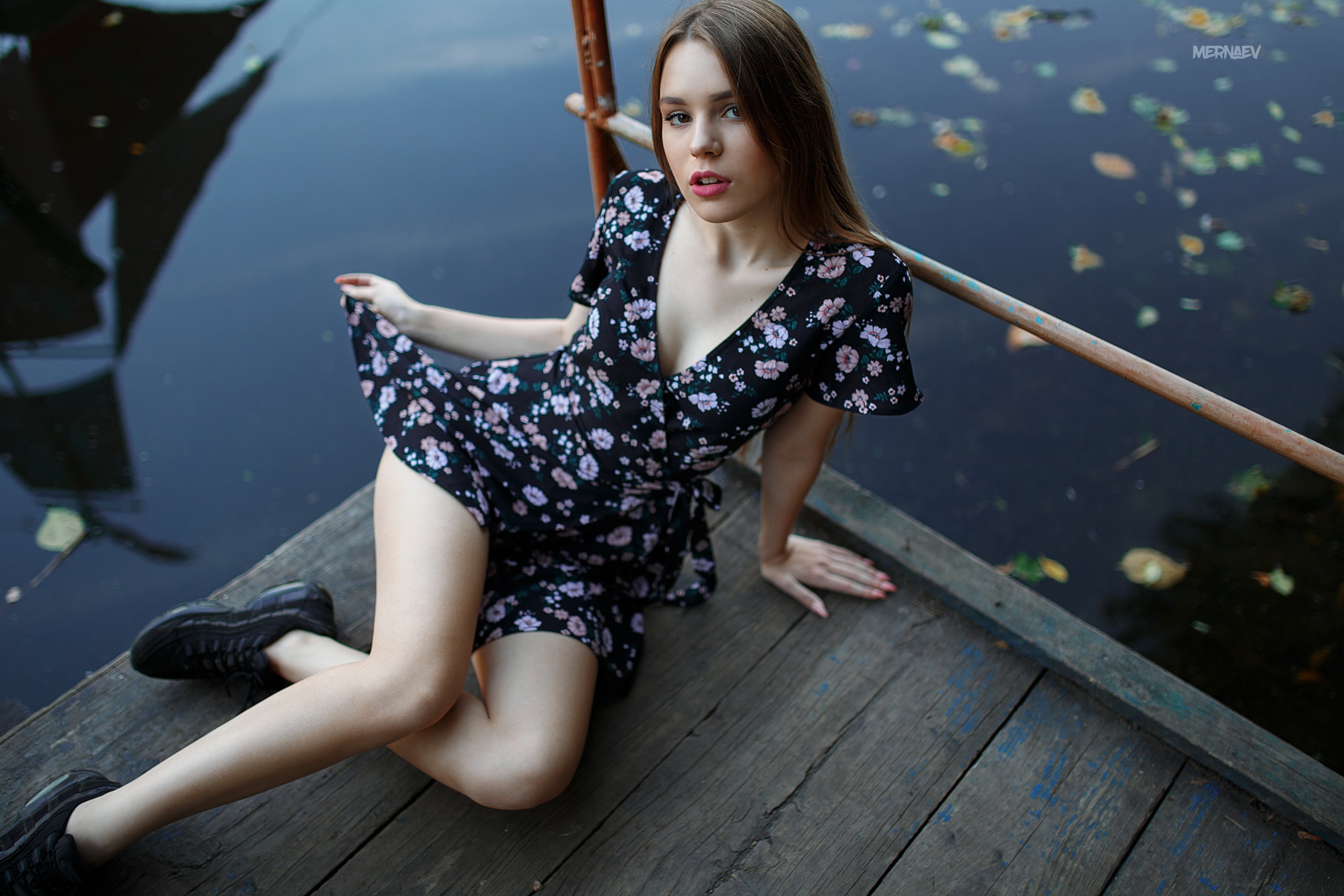 Artyom Mernaev Women Model Brunette Portrait Looking At Viewer Outdoors Wood Water Dress Sitting Leg 2560x1707