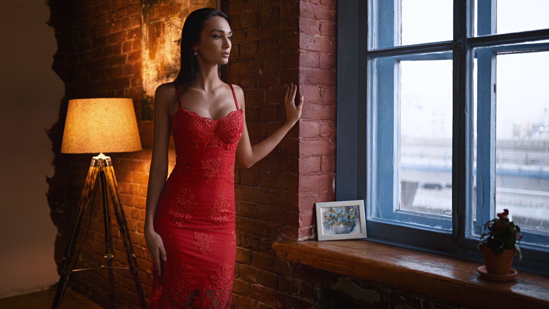 Sergey Zhirnov Red Dress Window Women Model Sergey Fat Kseniya Alekseevskaya Lace Looking Away Tanne 1920x1080