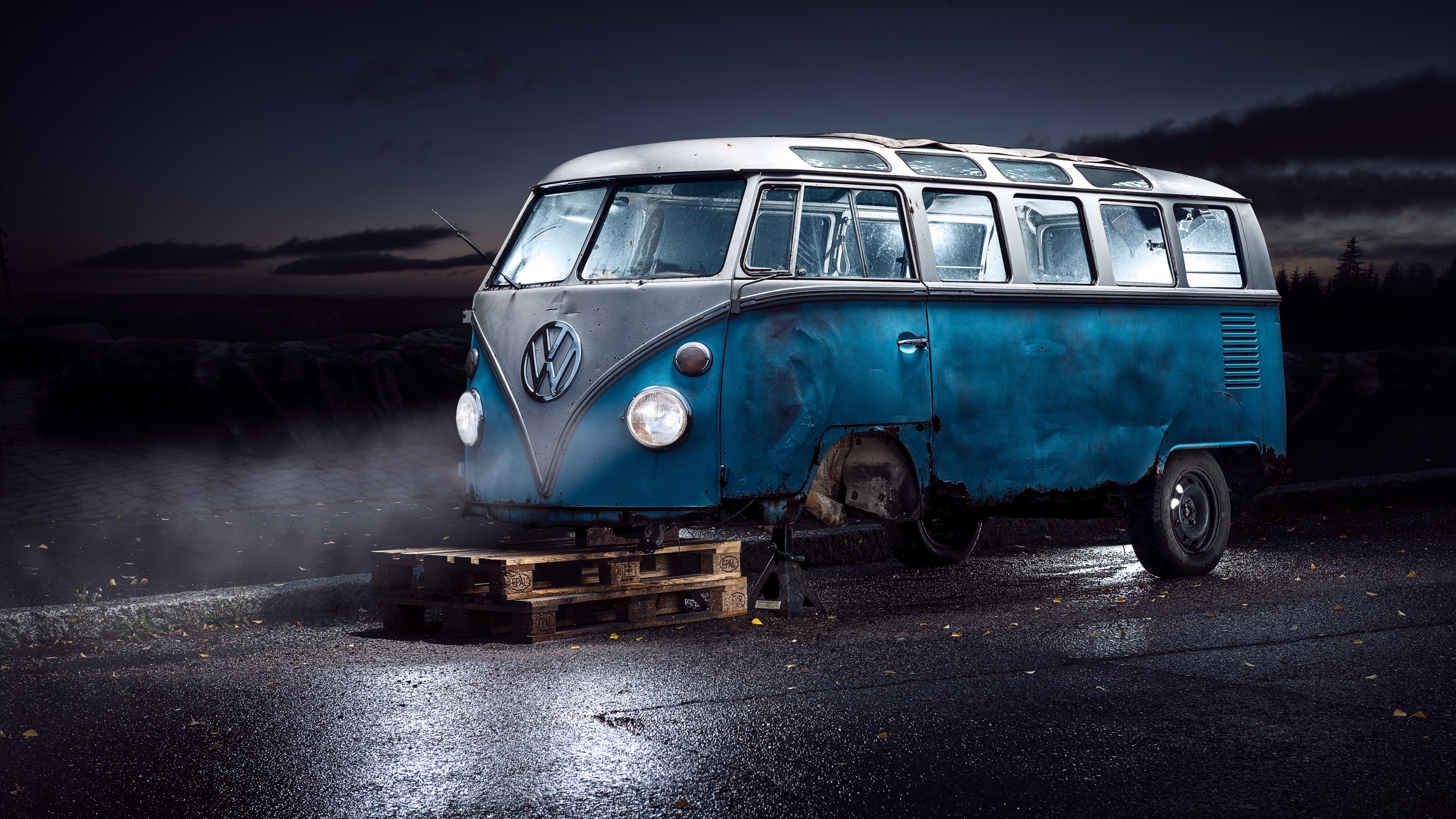 Dark Volkswagen Blue Vehicle Car Cyan Wreck Night Volkswagen Combi Vans Wet Street 2560x1440