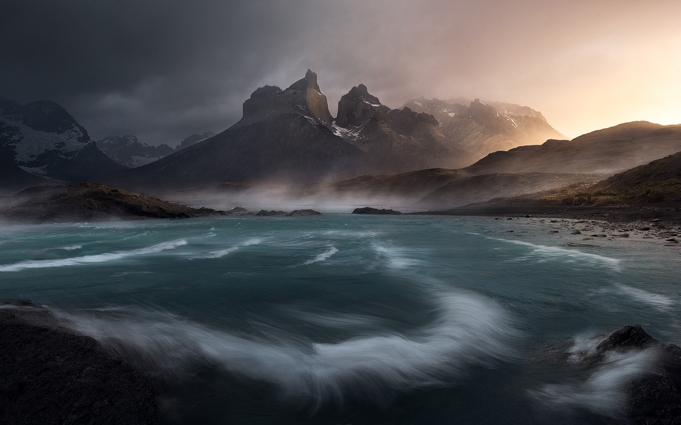 Nature Landscape Wind Lake Clouds Mountains Torres Del Paine Chile Mist Water Snowy Peak 1400x875