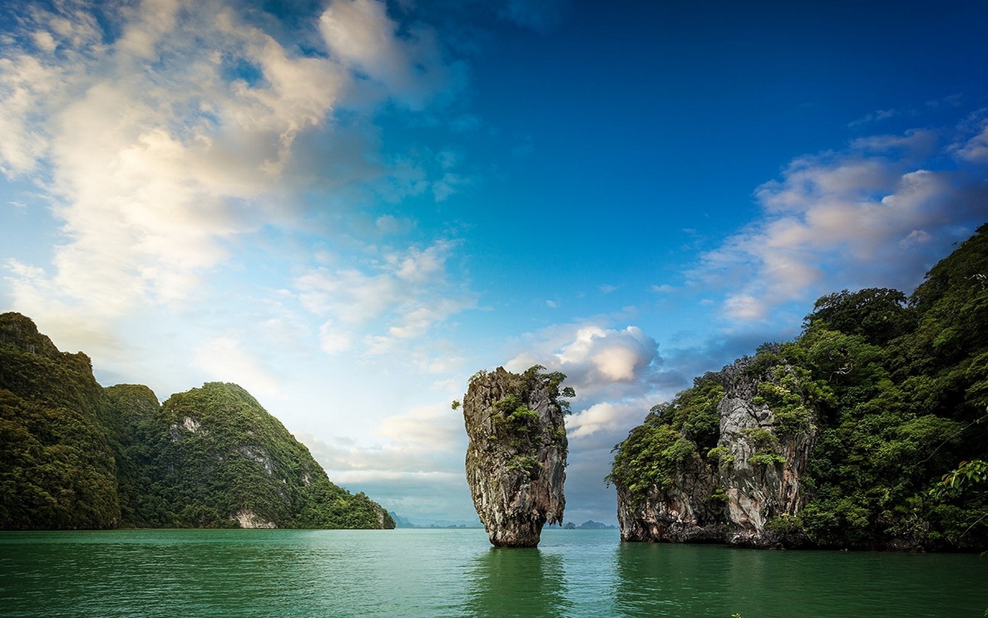 Landscape Nature Sea Island Bay Trees Shrubs Limestone Rock Tropical Clouds Thailand 1400x875