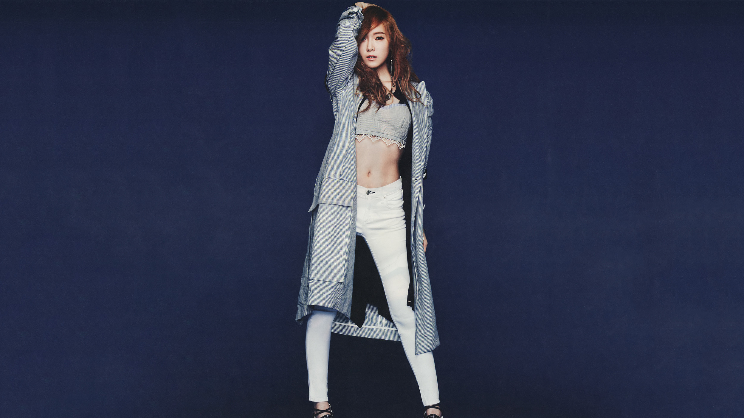 Jessica Jung SNSD Korean K Pop Asian Arms Up Blue Background Women Model 2496x1404