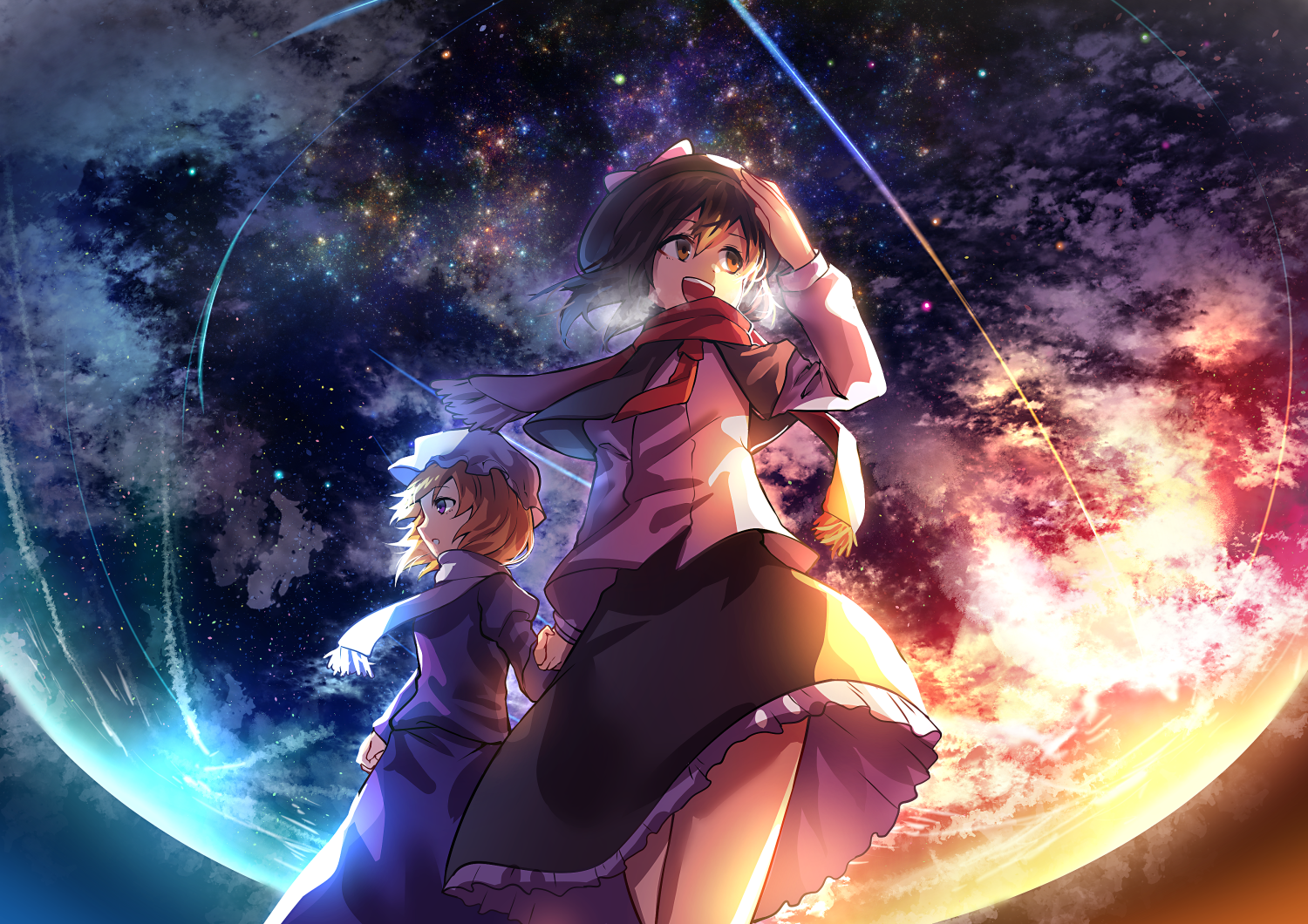 Touhou Moon Renko Usami Brown Hair Scarf Skirt Purple Eyes Blonde Maribel Hearn 1500x1060