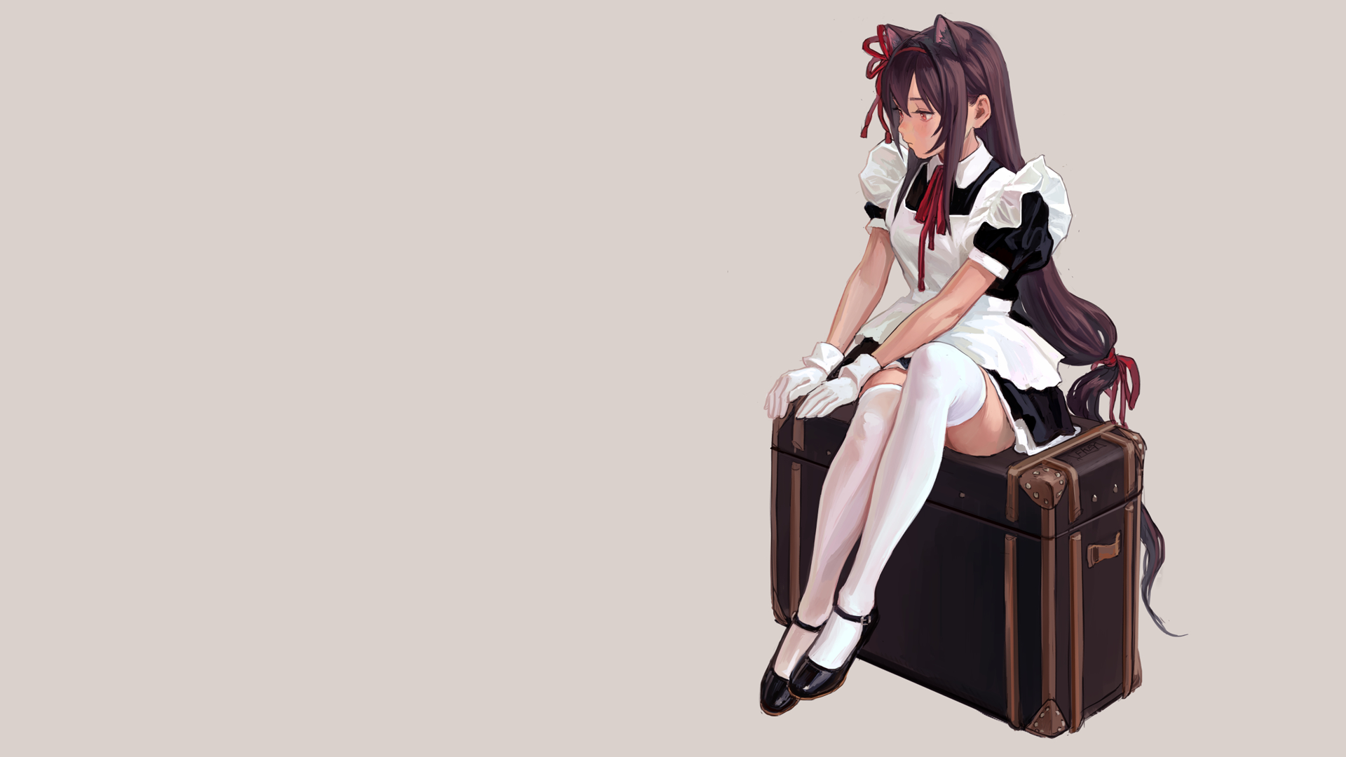 Anime Anime Girls Simple Background FKEY Maid Nekomimi Cat Ears Sitting Long Hair Thigh Highs 1920x1080