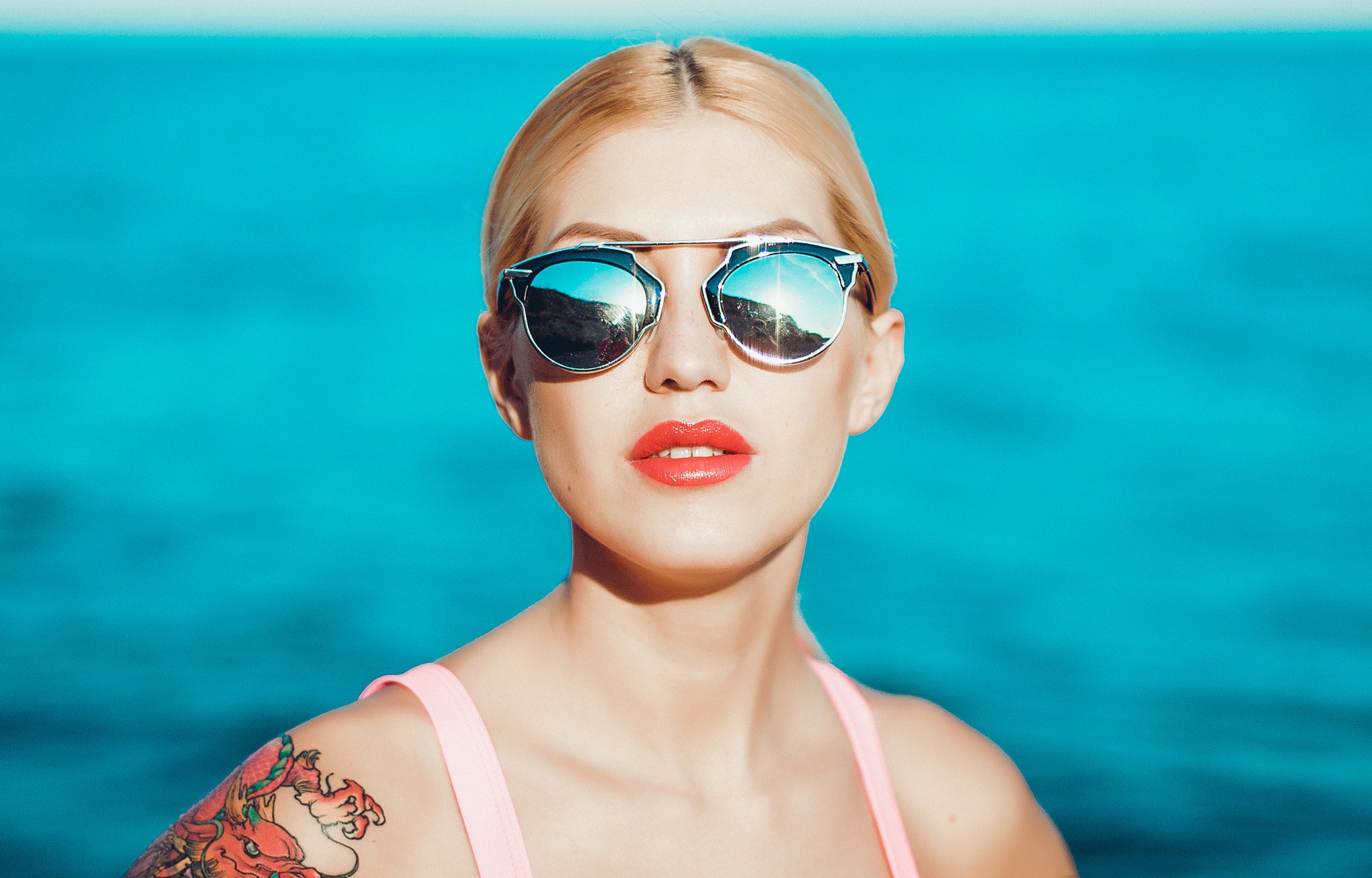 Red Lipstick Sunglasses Blonde Blue White Women With Shades Sea Shades 2048x1311
