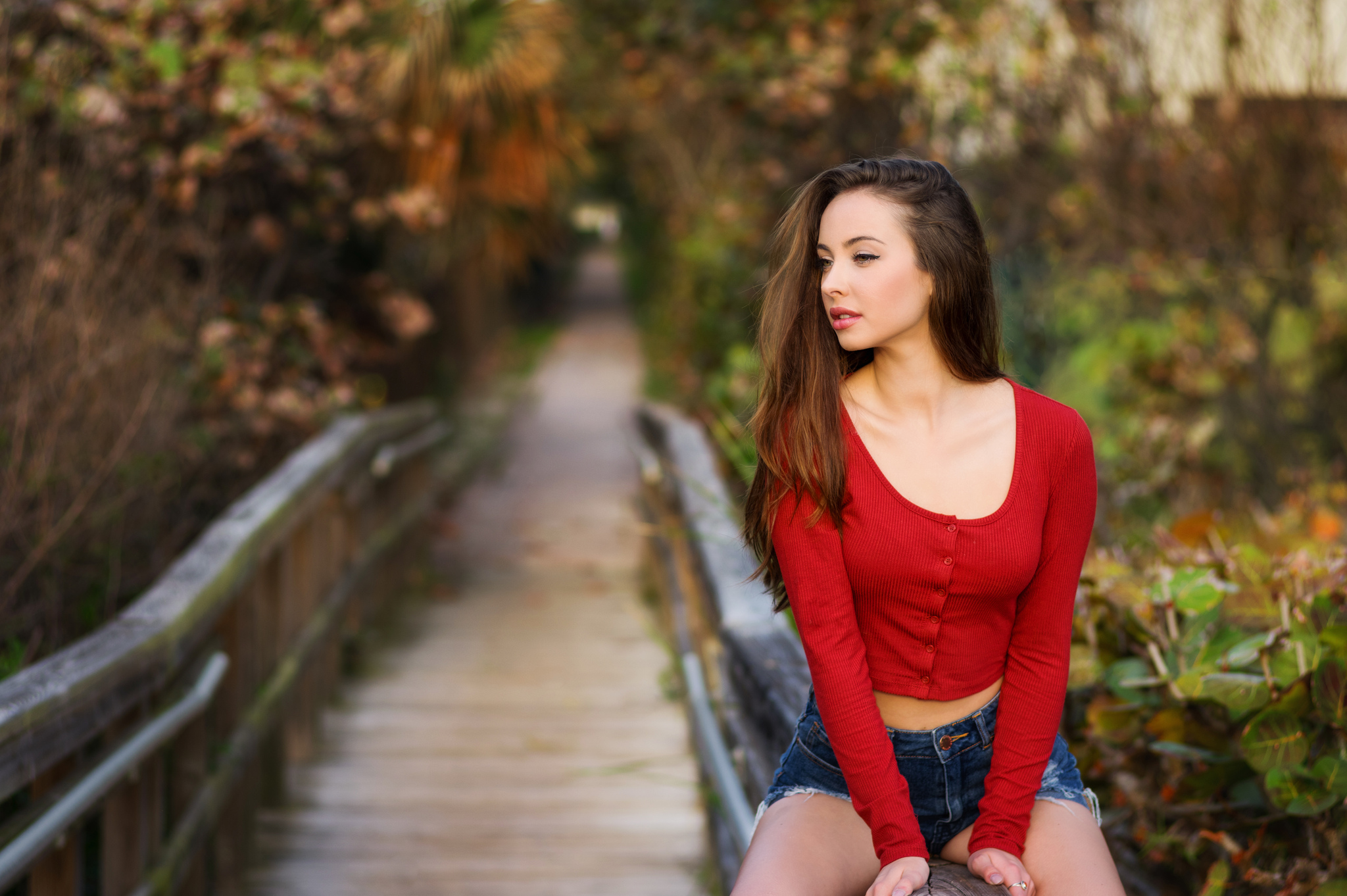 Theresa Grant Christopher Rankin Model Women Outdoors Women Crop Top Looking Away Red Sweater Brunet 2048x1362