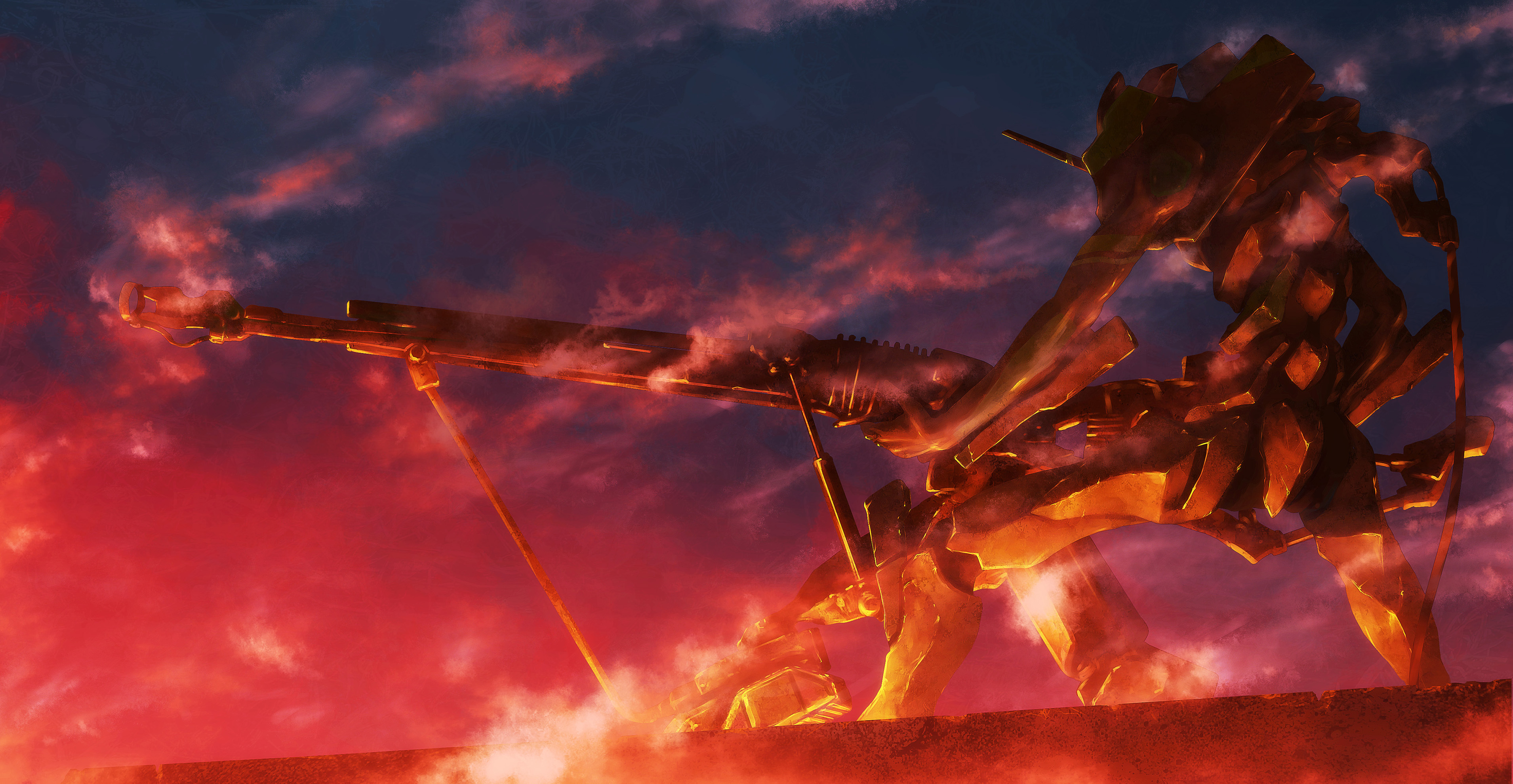 Neon Genesis Evangelion 2D Mech Rifles Smog Robot EVA Unit 01 Sunset Fan Art Shooting 3820x1980