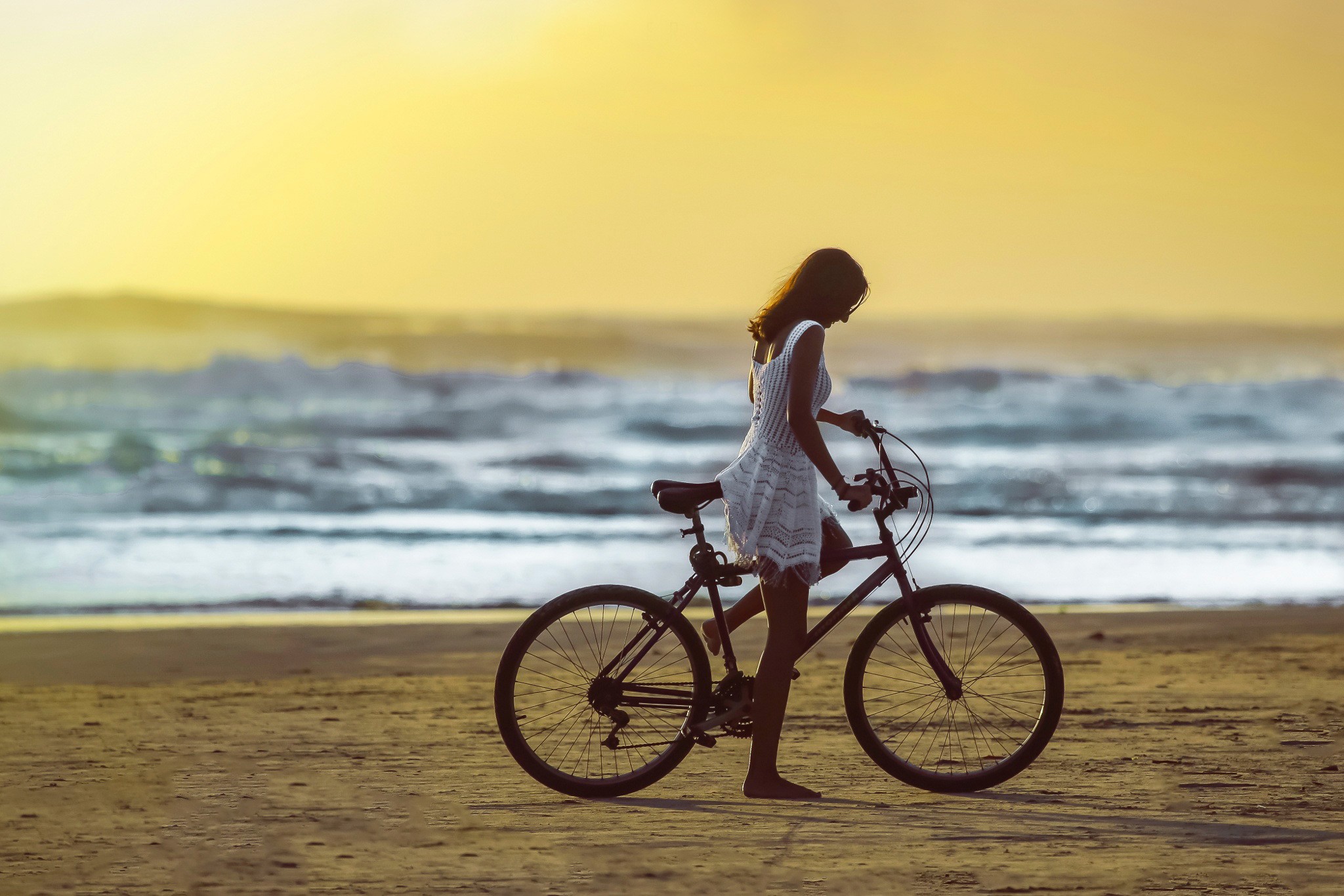 Women Model Beach Sea Bicycle Women With Bicycles 2048x1366
