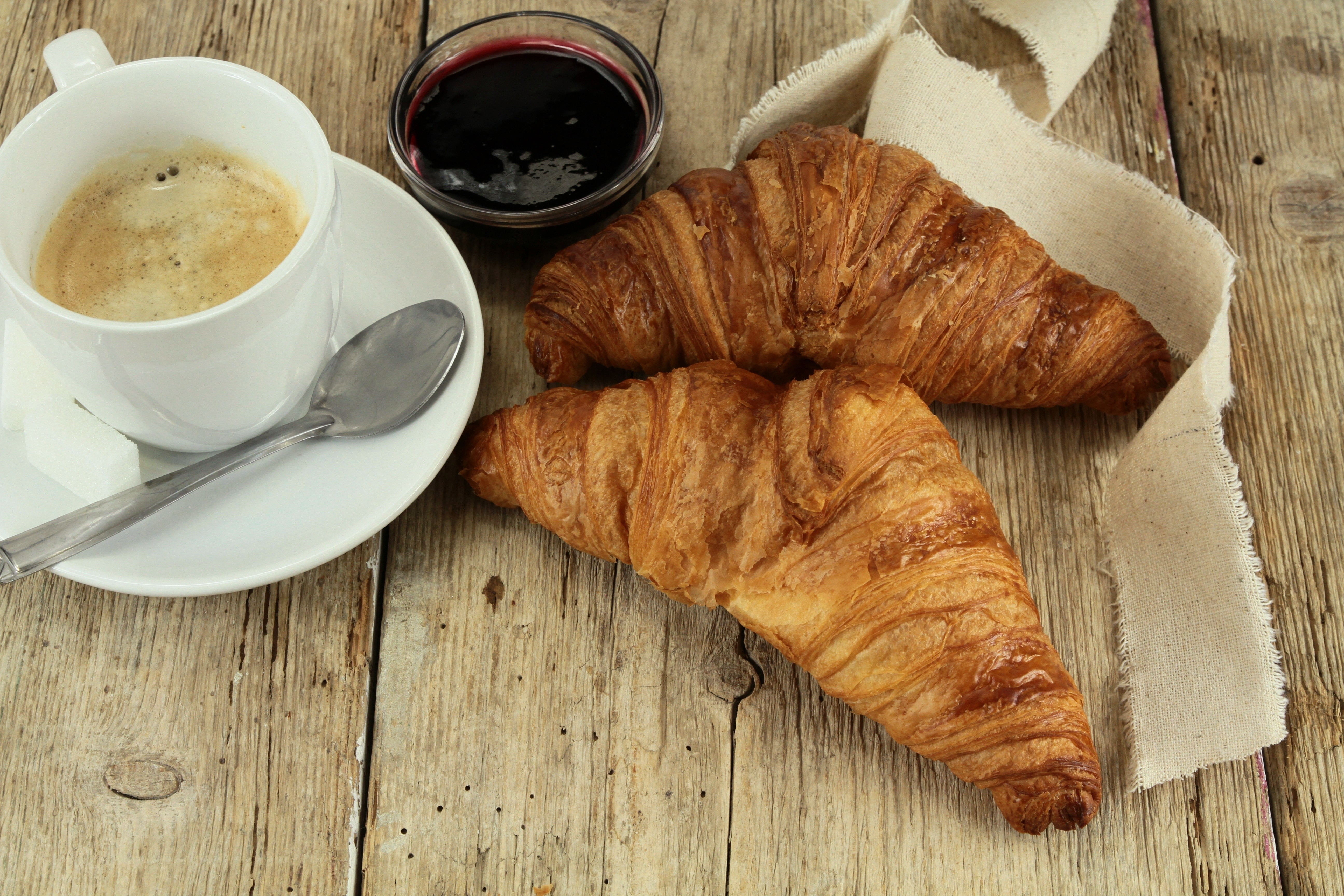 Food Croissants Coffee Wooden Surface 5184x3456